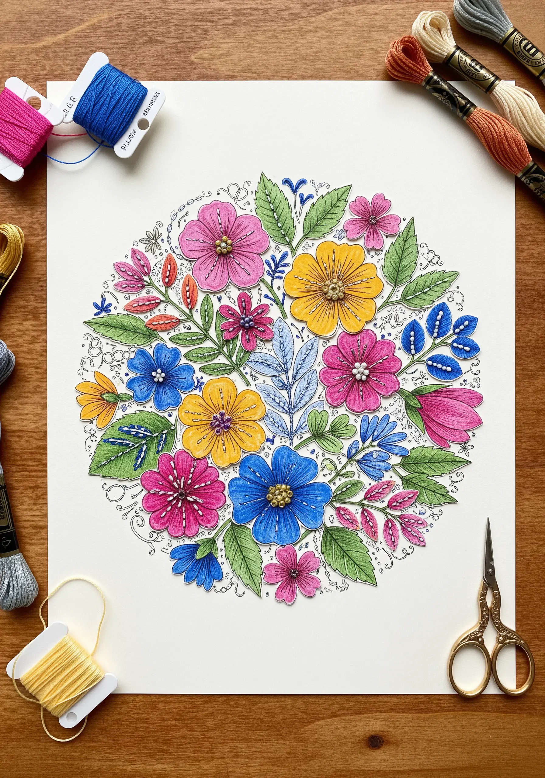 A detailed floral mandala illustration accented with colorful hand embroidery stitches.