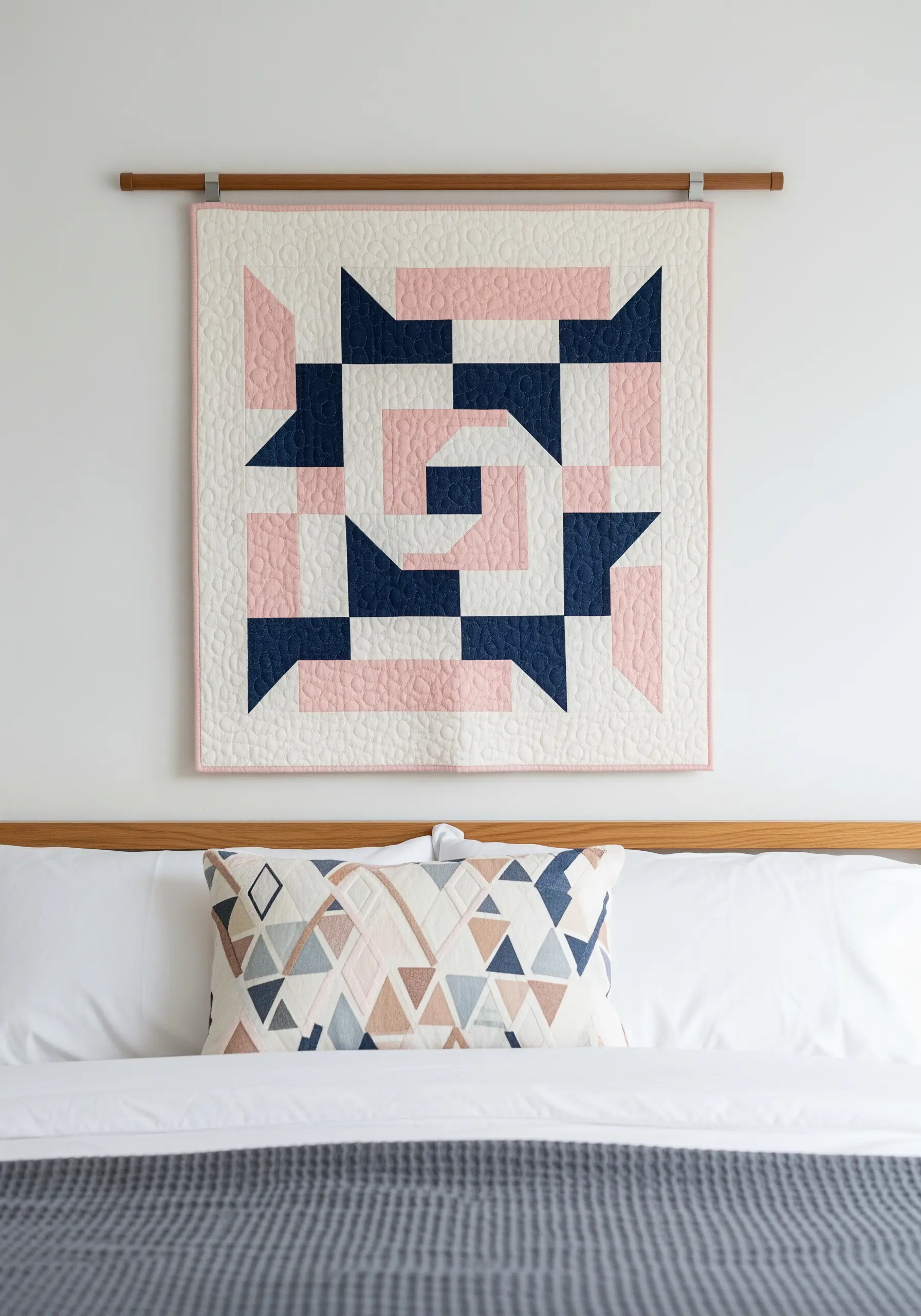 A modern geometric quilt in pink, navy, and cream hanging on a wall above a bed.