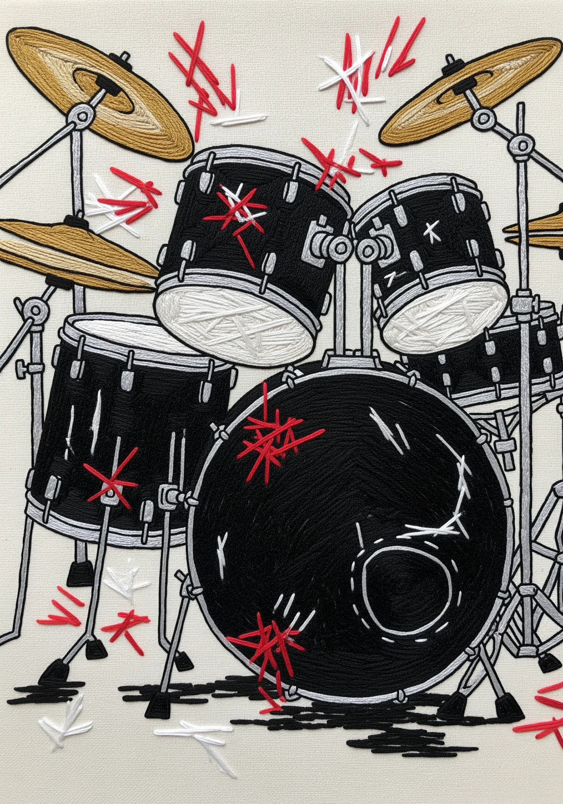 An embroidered drum kit with red and white straight stitches representing percussive sound bursts.