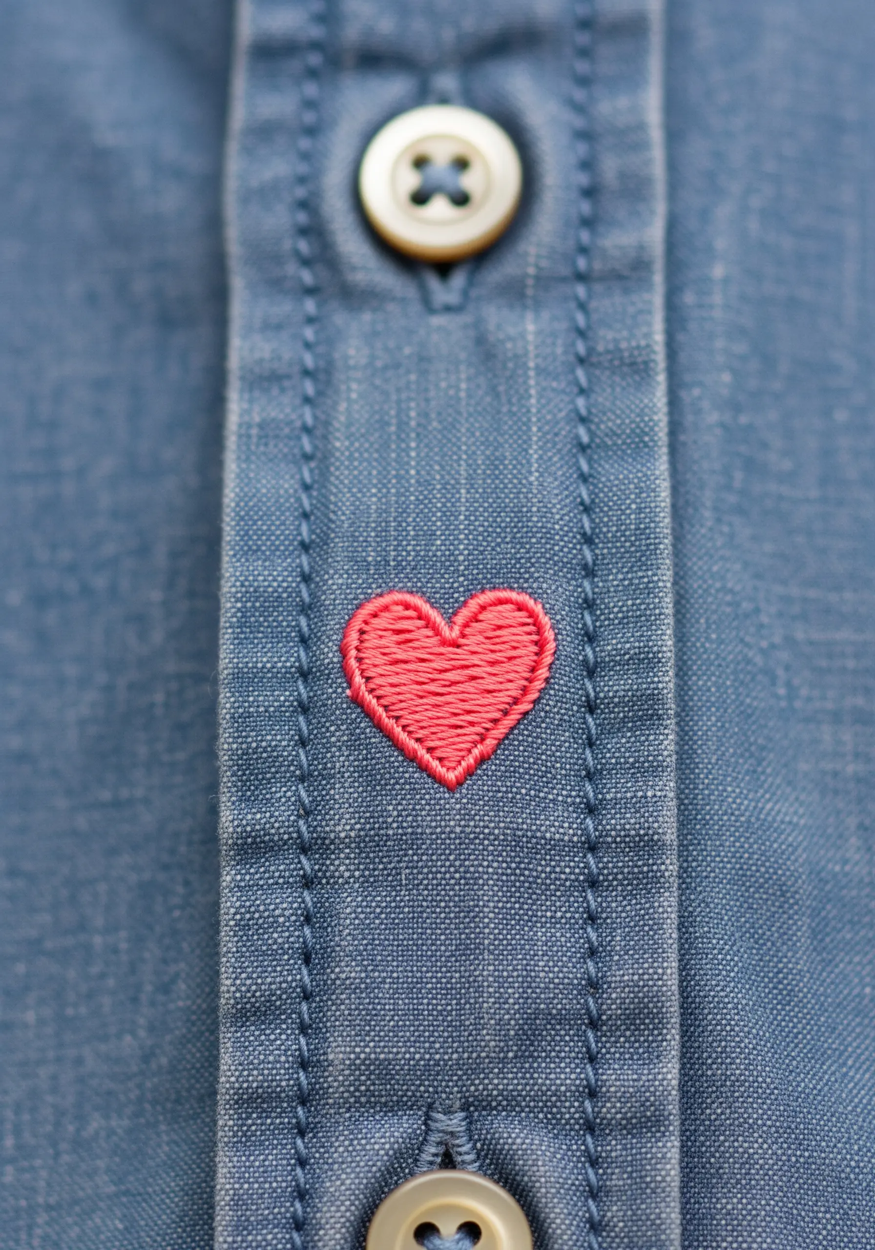 Small red embroidered heart on the button placket of a blue chambray shirt.