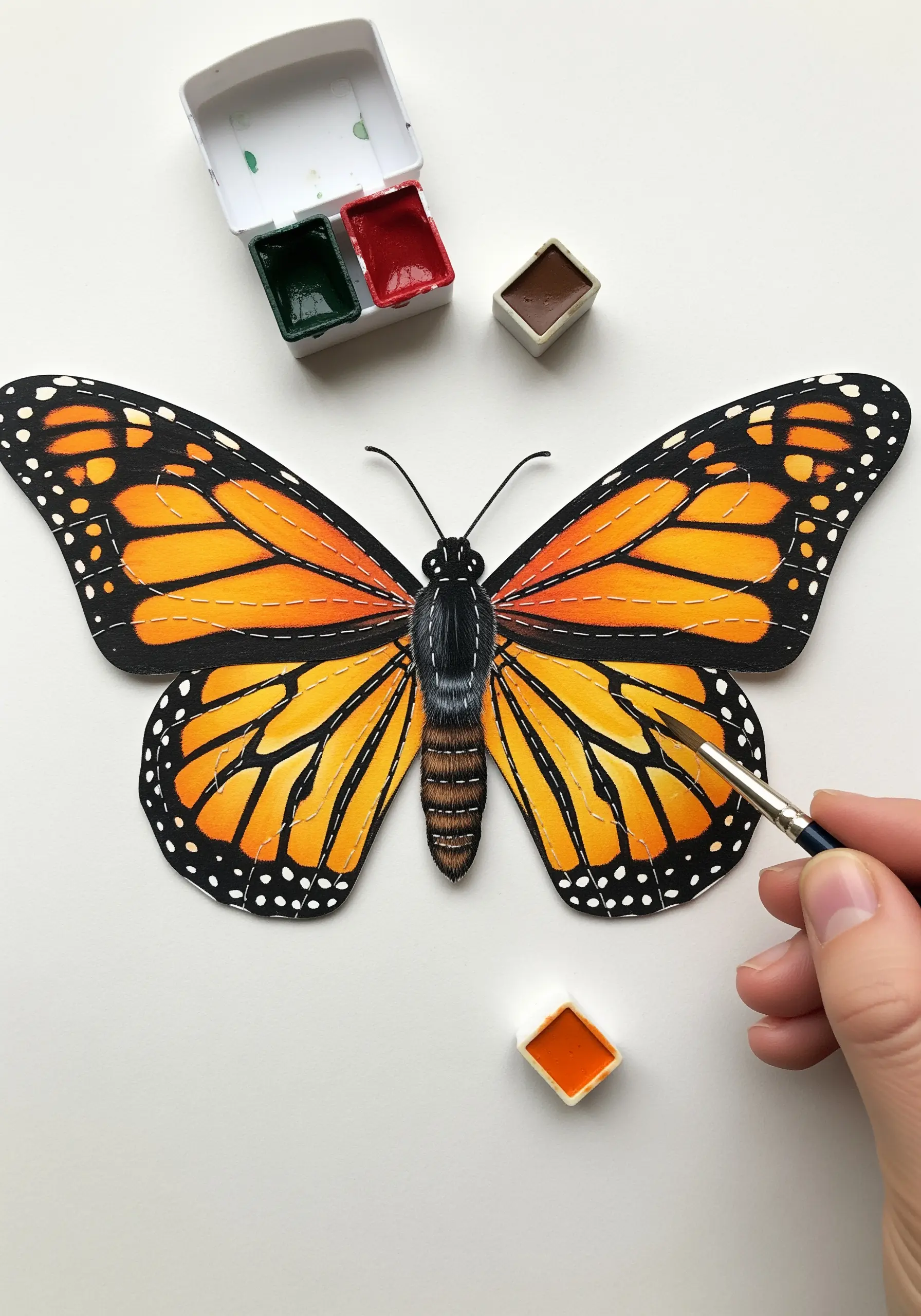 A painted watercolor butterfly with wings outlined in white thread.