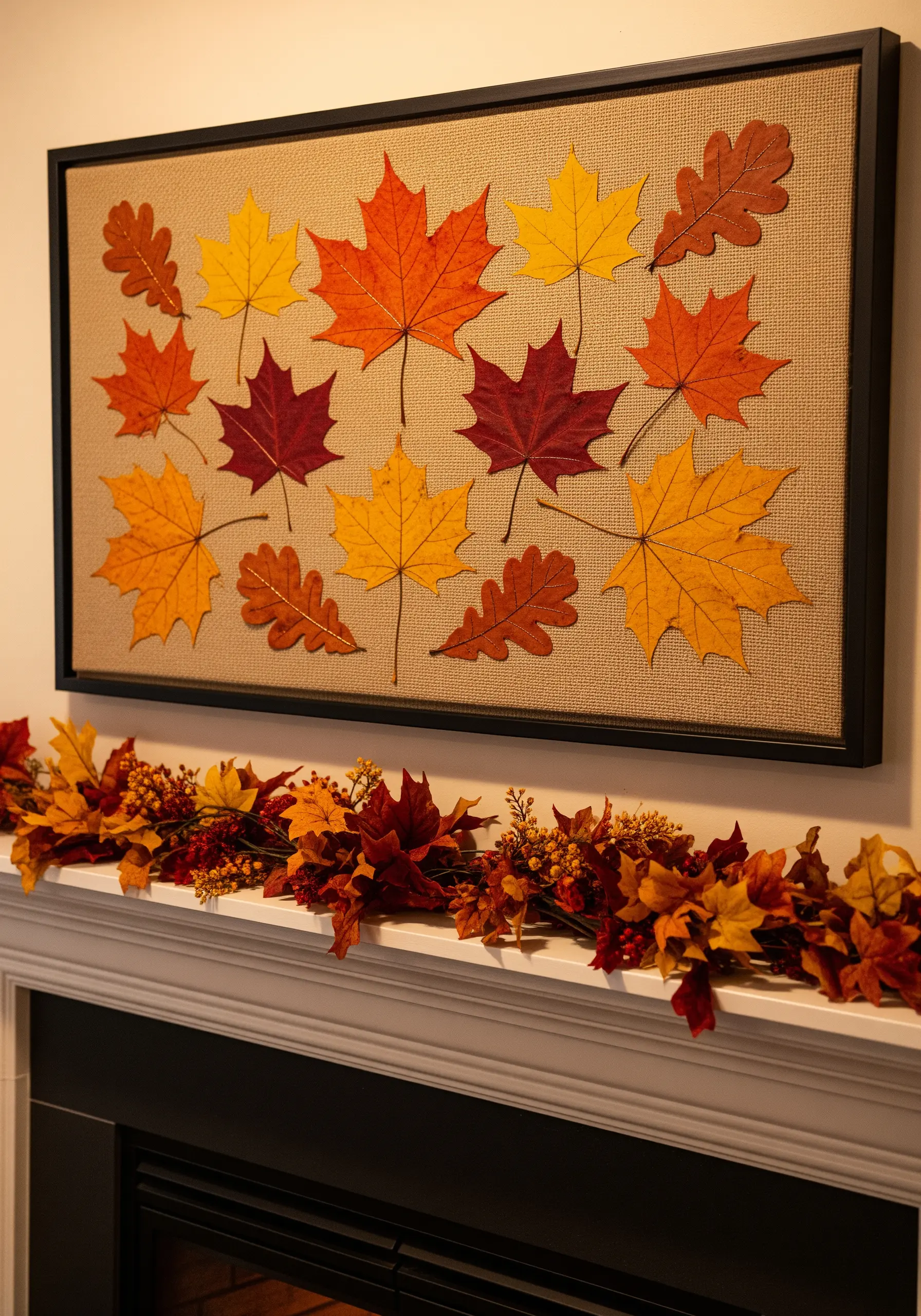 Pressed autumn leaves arranged on burlap, with some leaves outlined in metallic gold thread.