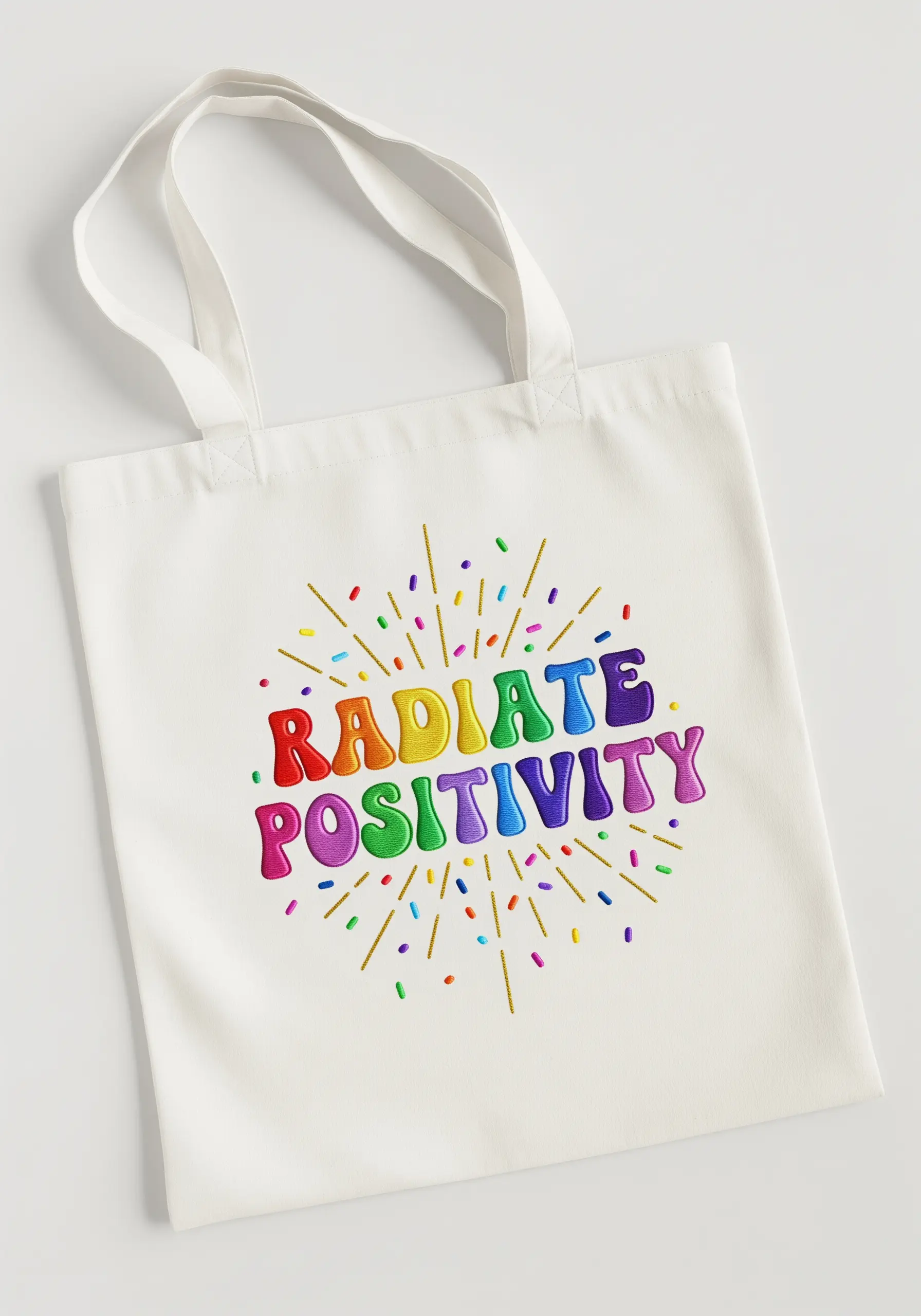 Embroidery of 'Radiate Positivity' in colorful, rounded 3D bubble letters with confetti details.