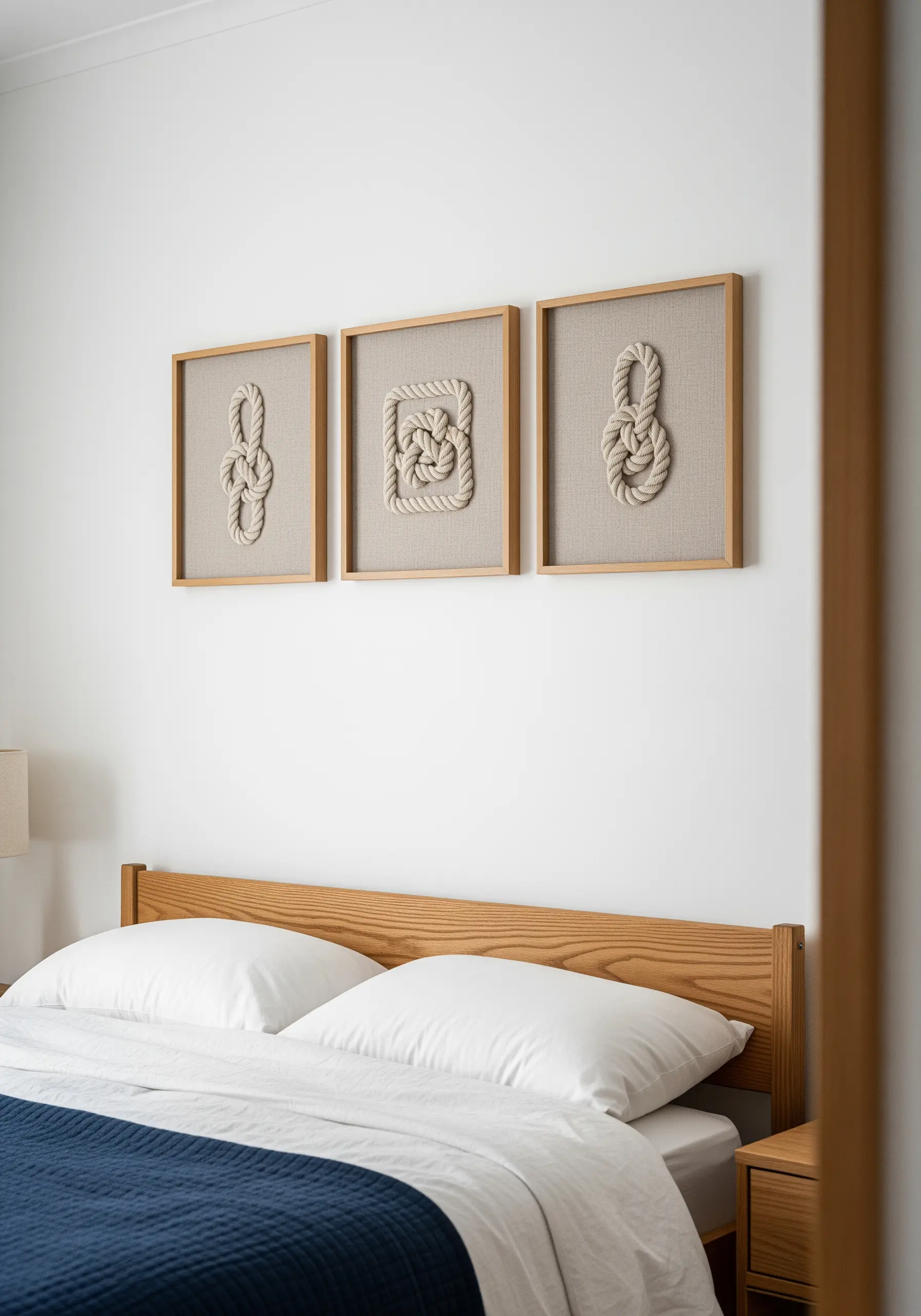 Three framed pieces of art, each featuring a different nautical knot made from thick white rope.