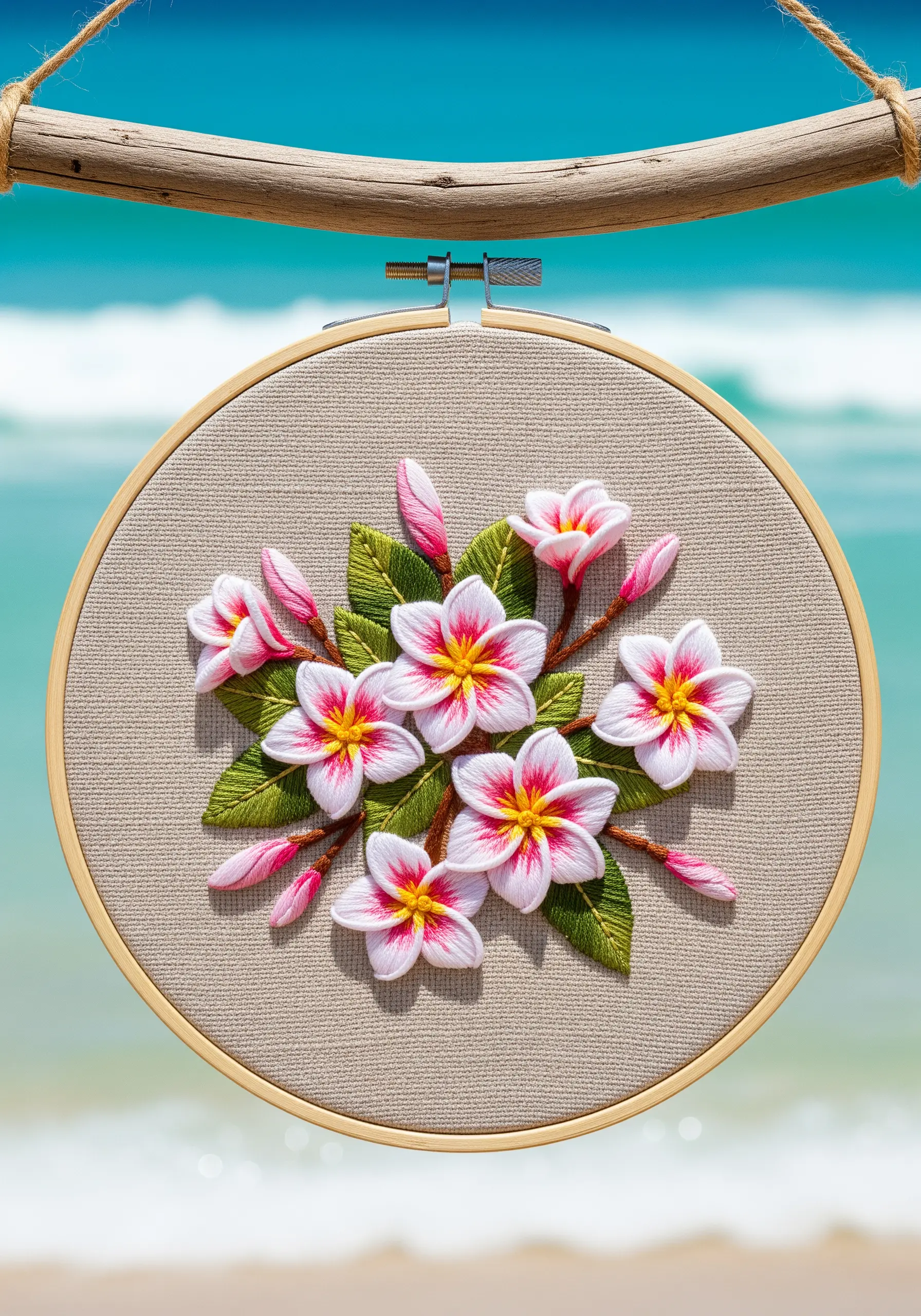 3D embroidered plumeria flowers with padded satin stitch petals on neutral fabric.