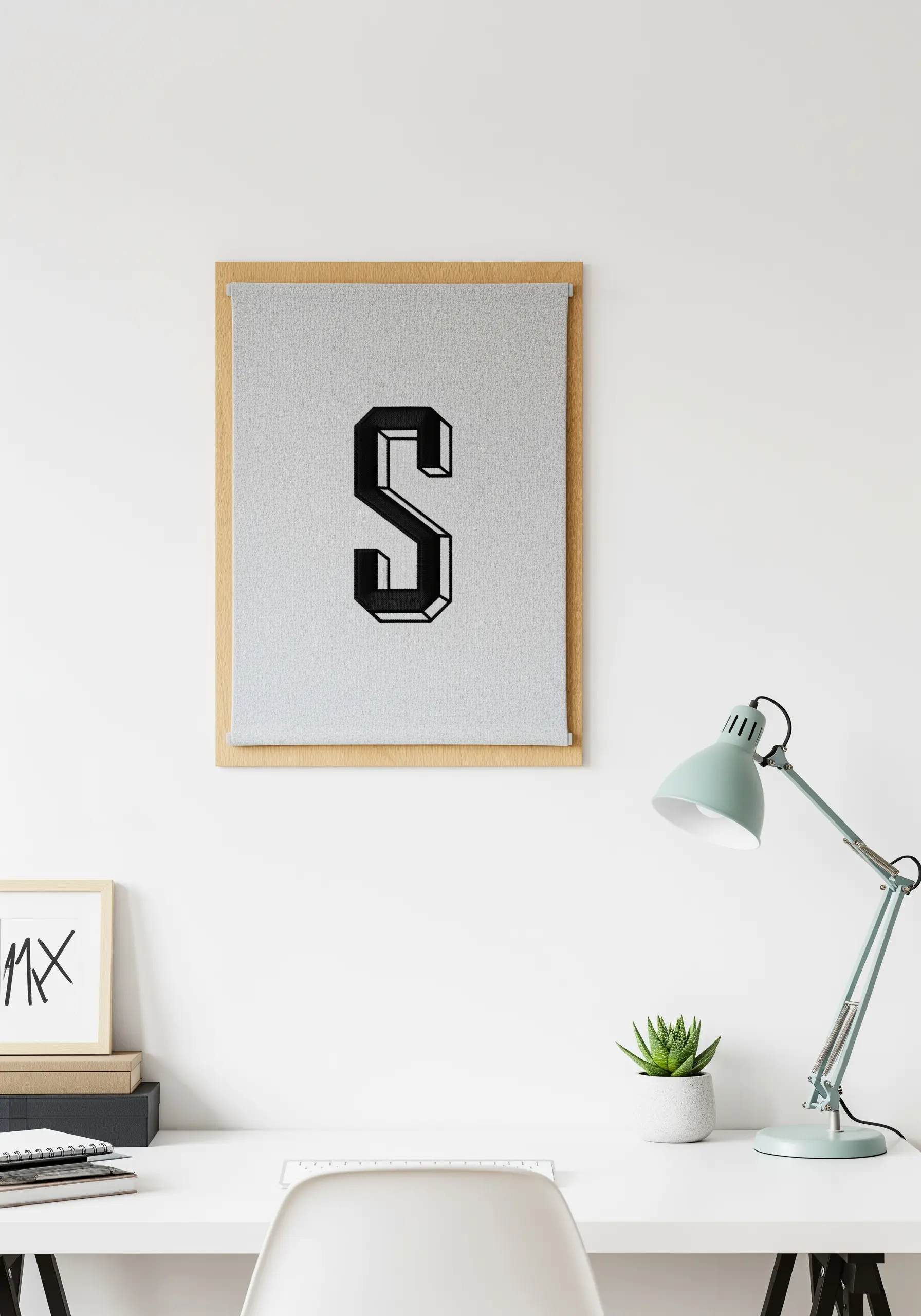 Monogrammed letter 'S' embroidered in a 3D block letter style.