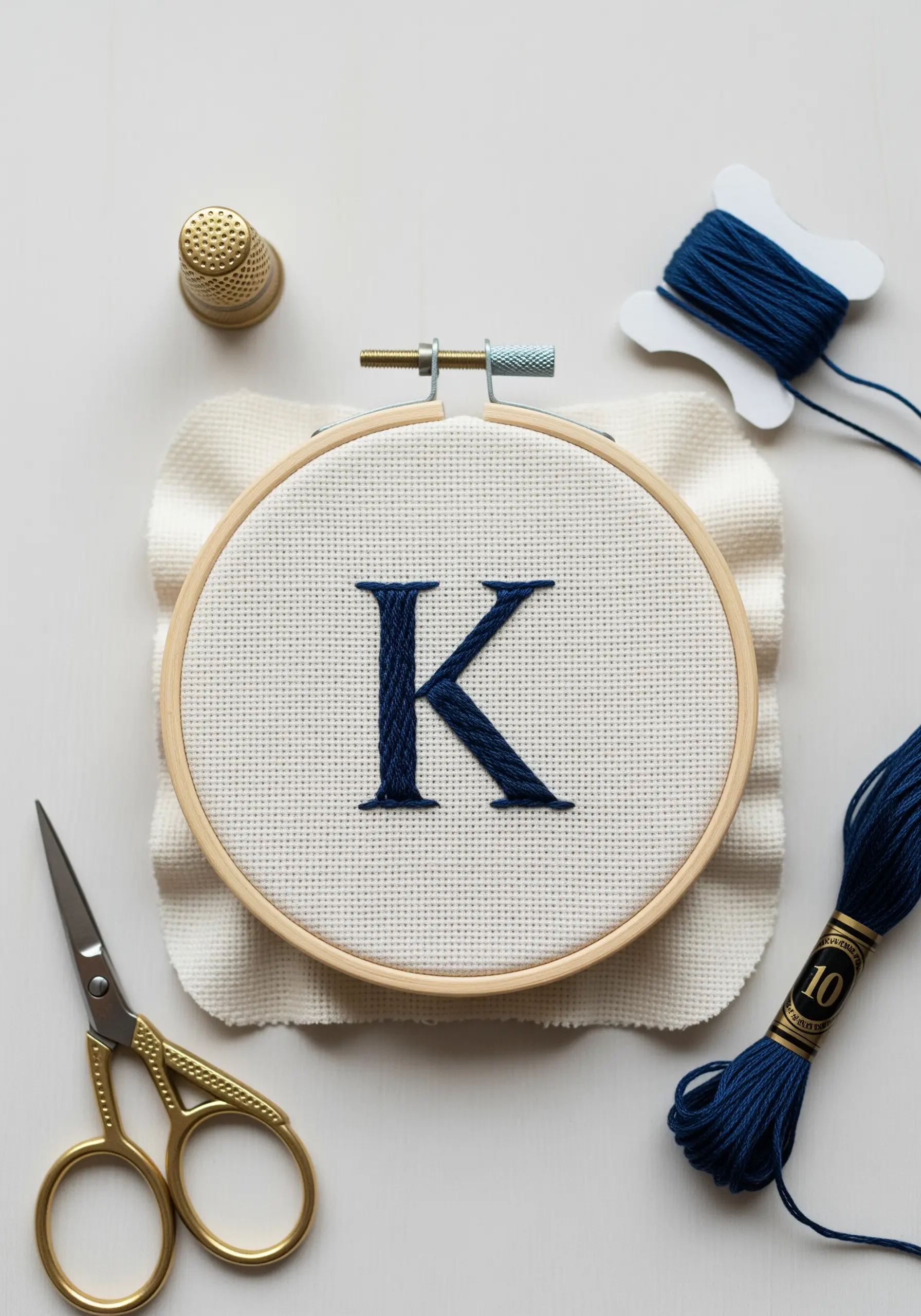 A bold, navy blue embroidered letter 'K' in a hoop, showcasing a padded satin stitch.