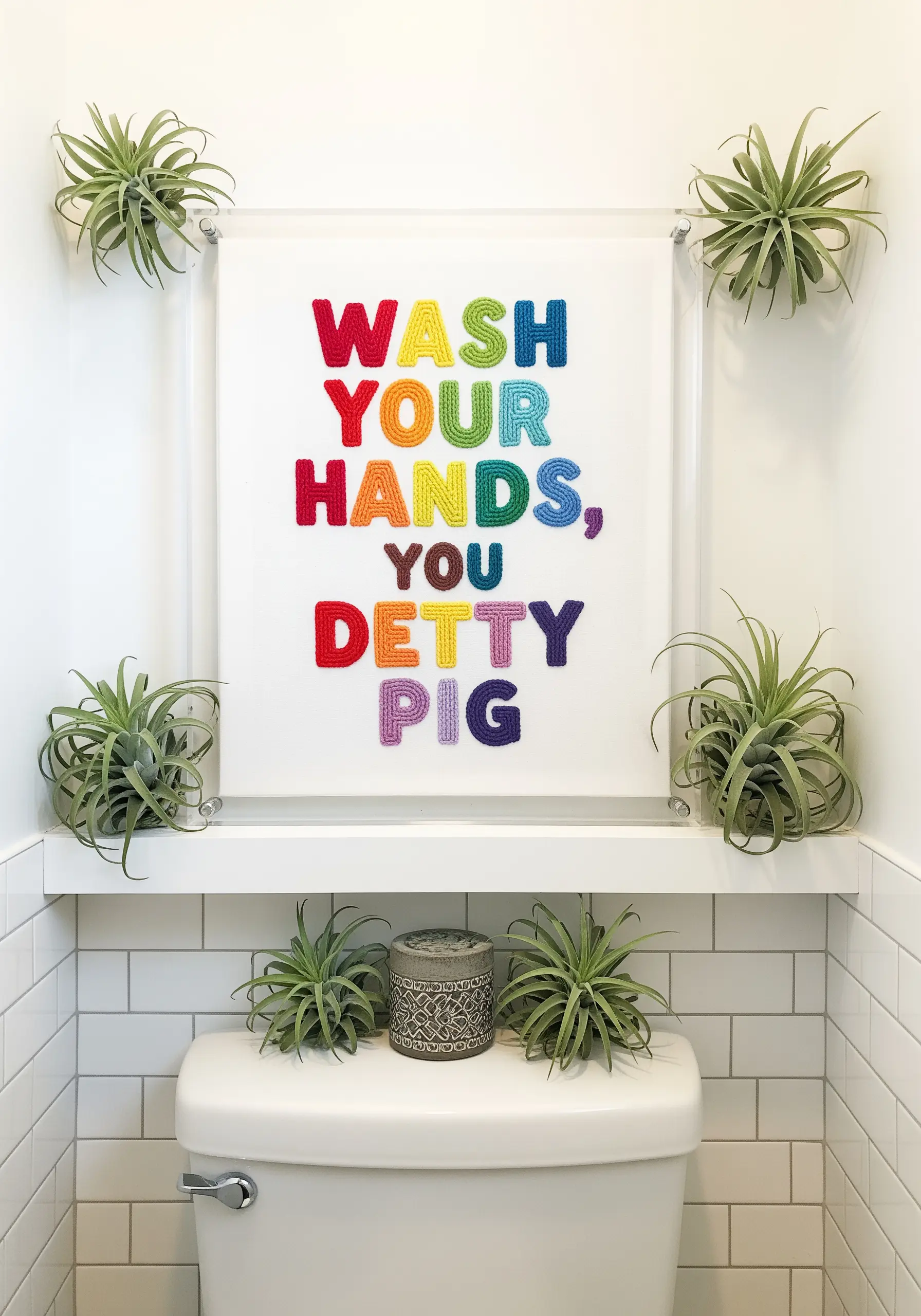A cheeky quote embroidered in chunky rainbow yarn, framed and displayed in a bathroom.