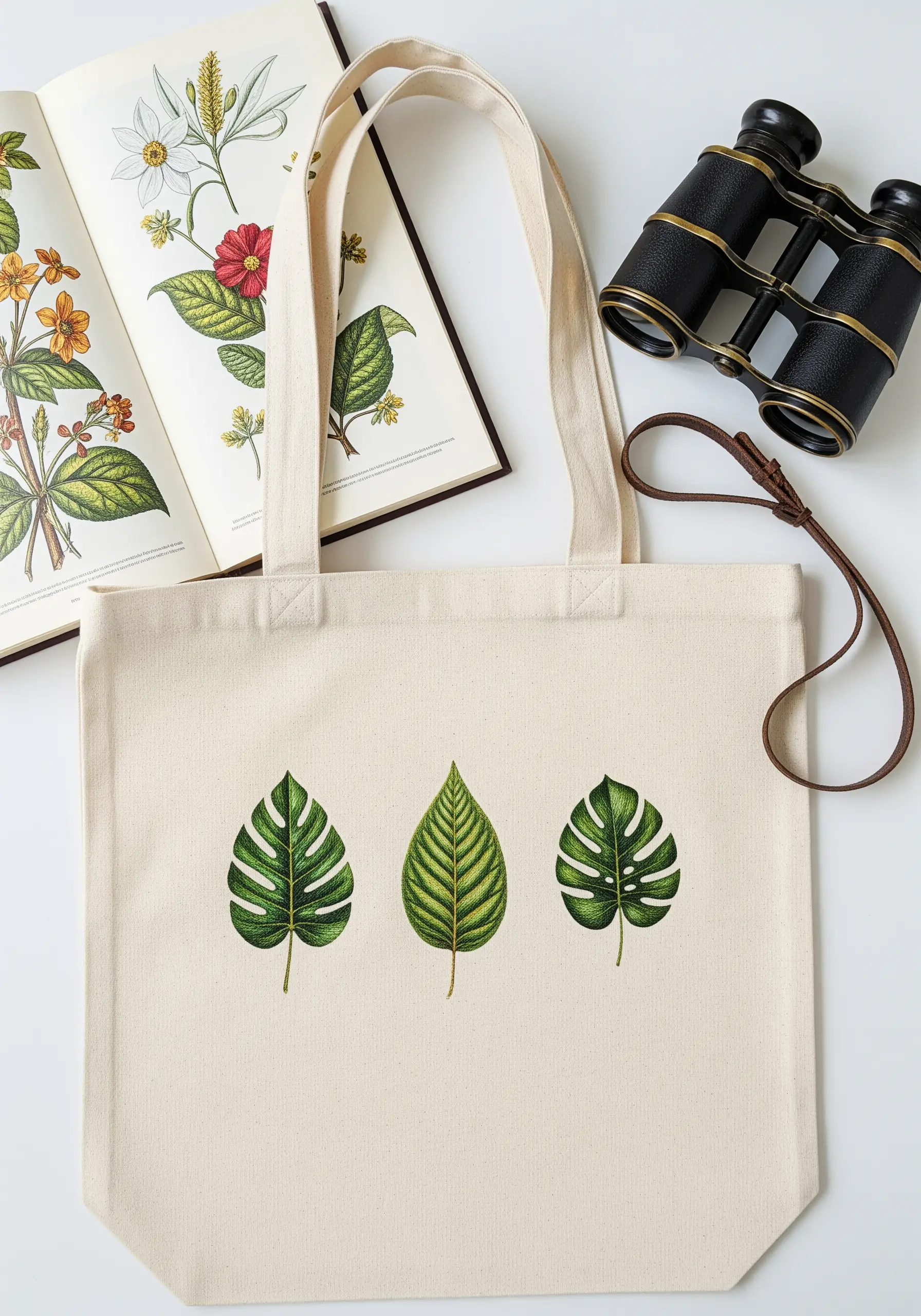 Three small embroidered leaves on a canvas tote, styled like vintage botanical illustrations.