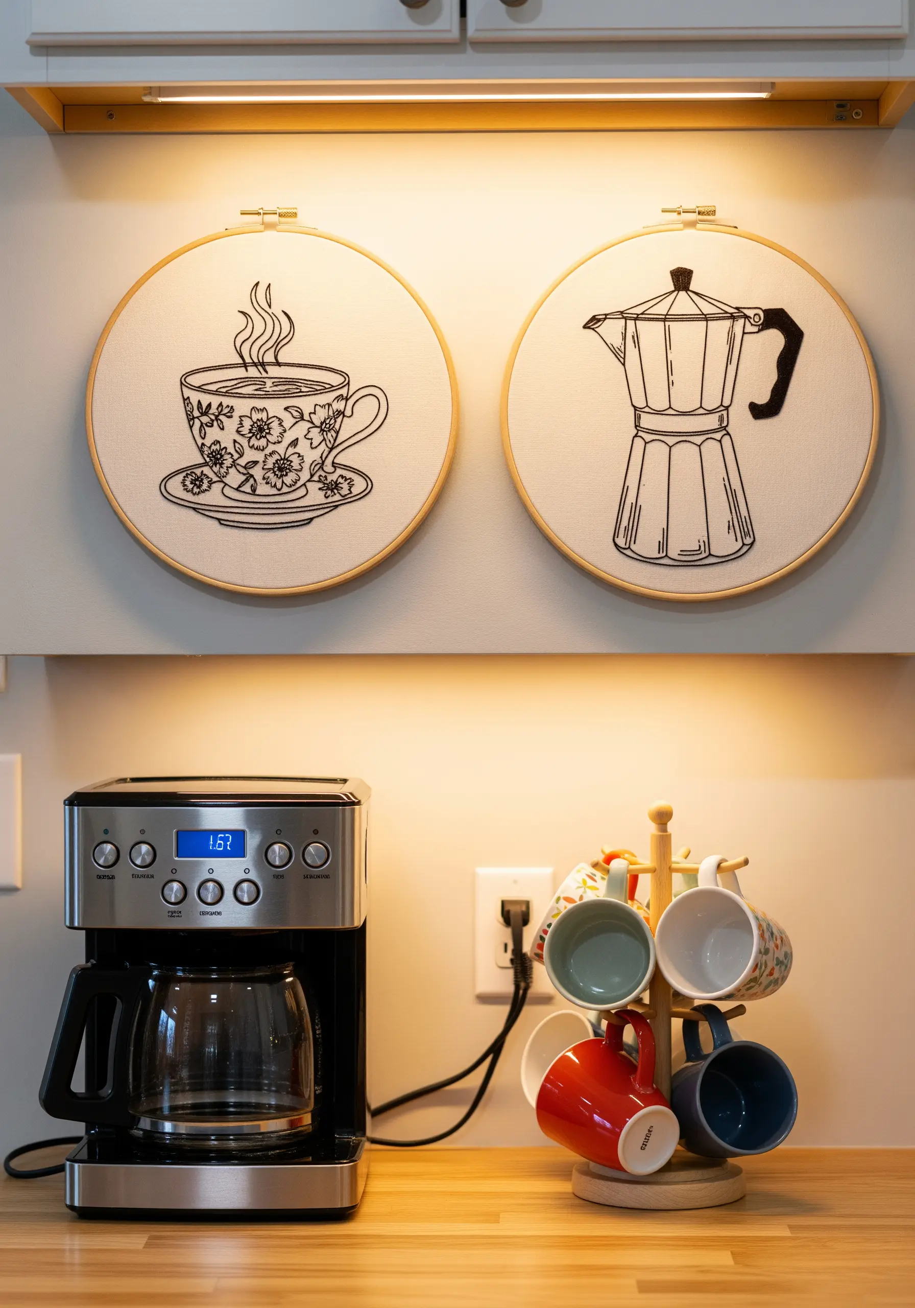 Two hoops with black line-art illustrations of a coffee cup and a moka pot.