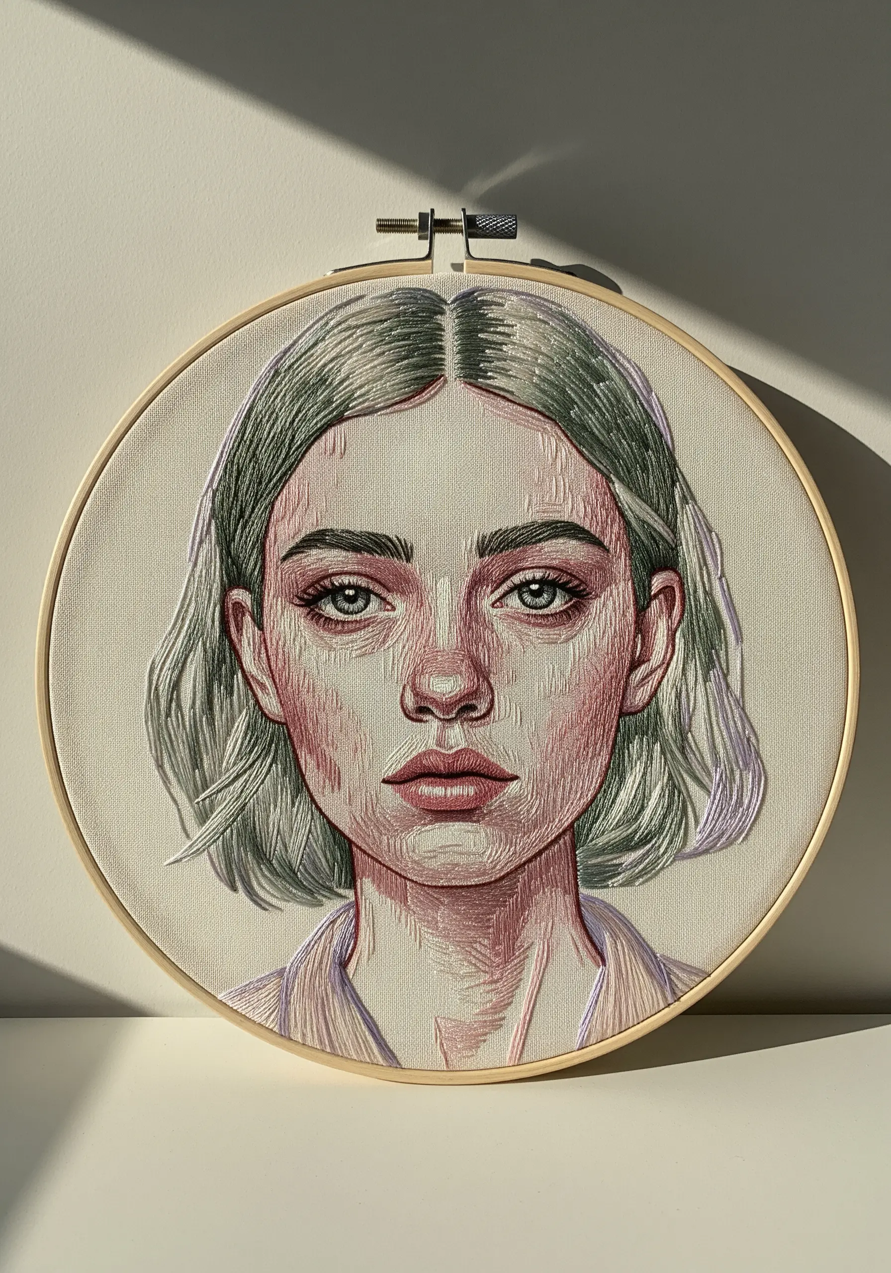 A soft, sketch-like embroidered portrait of a woman with grey-green hair in a hoop.