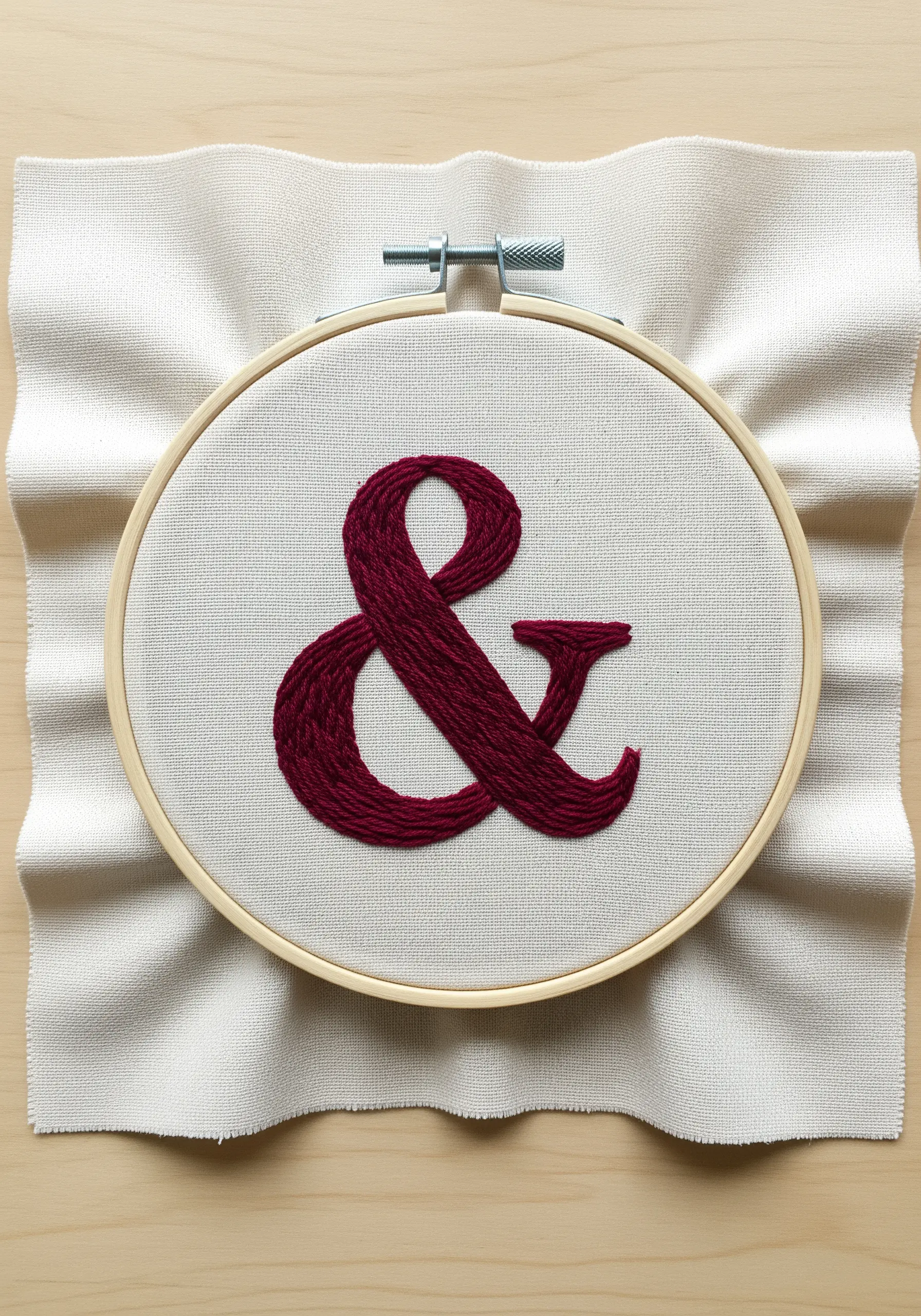 A bold ampersand symbol filled with dense, smooth satin stitch in burgundy thread.