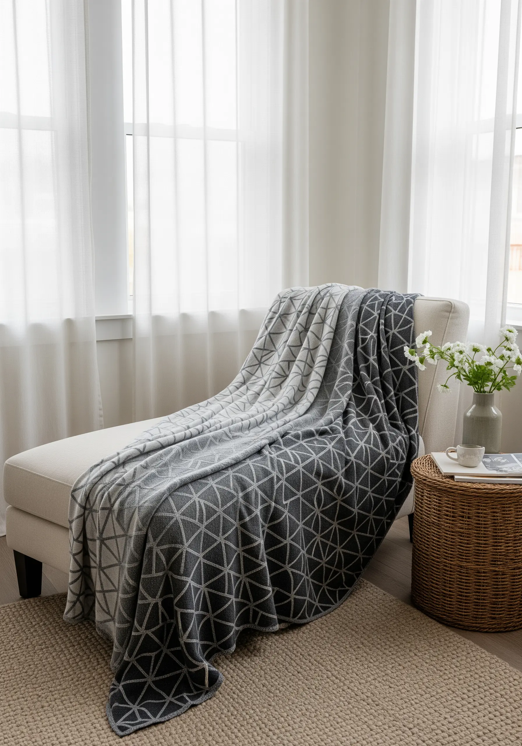 A grey throw blanket with a geometric pattern that transitions from dark grey to light grey.