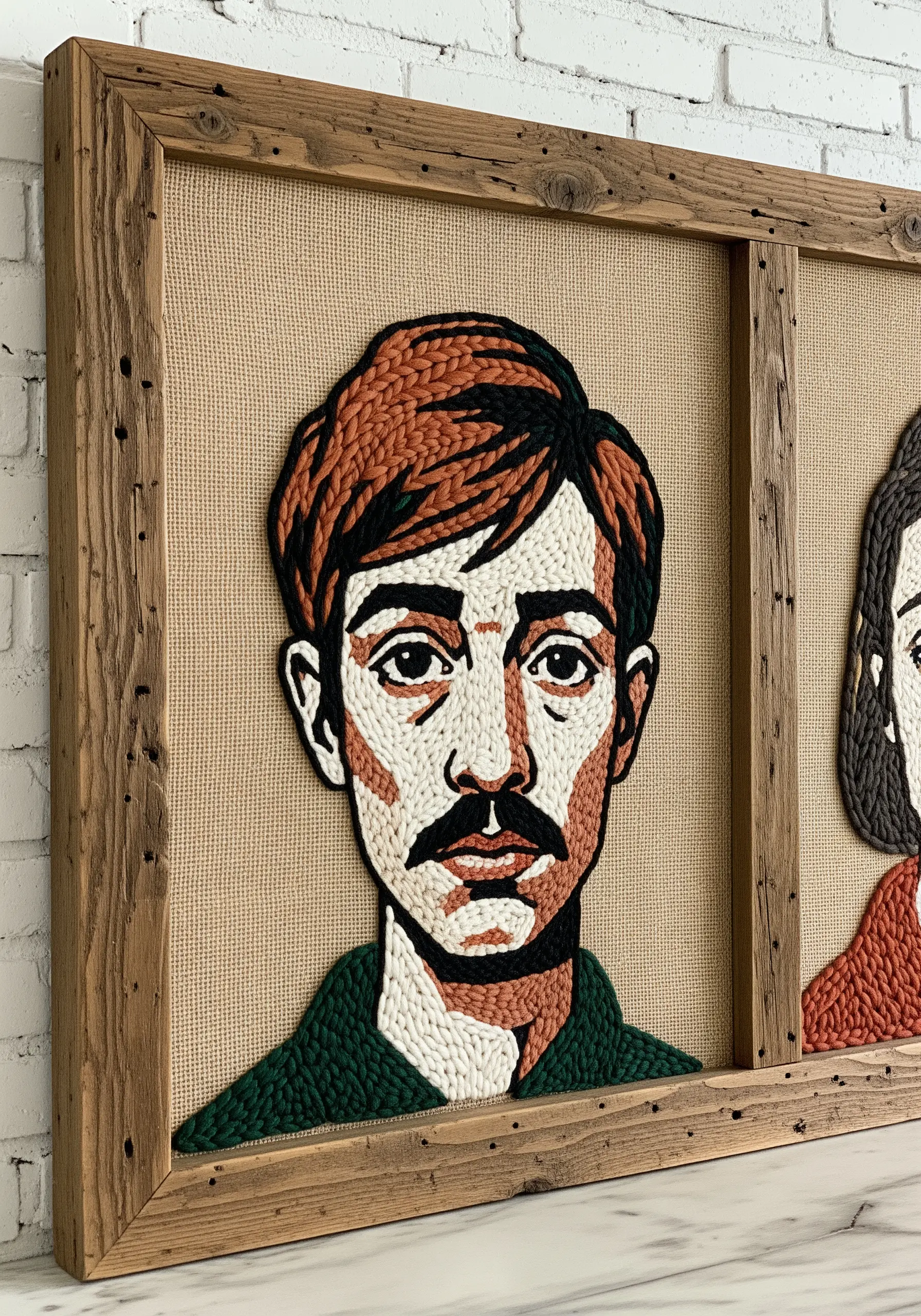 A graphic-style portrait made with thick yarn in solid blocks of color and framed in rustic wood.