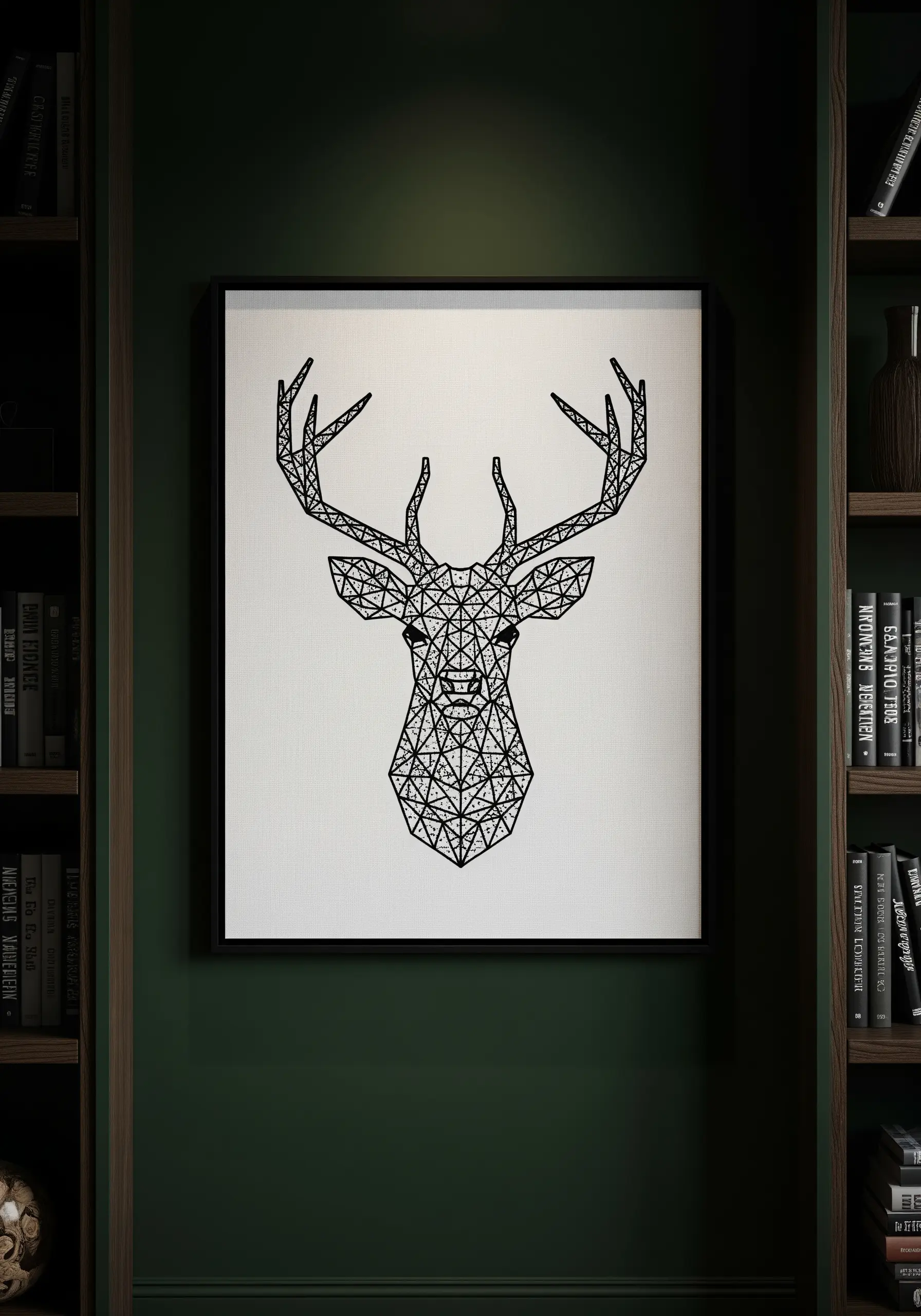 Framed geometric line art embroidery of a deer's head