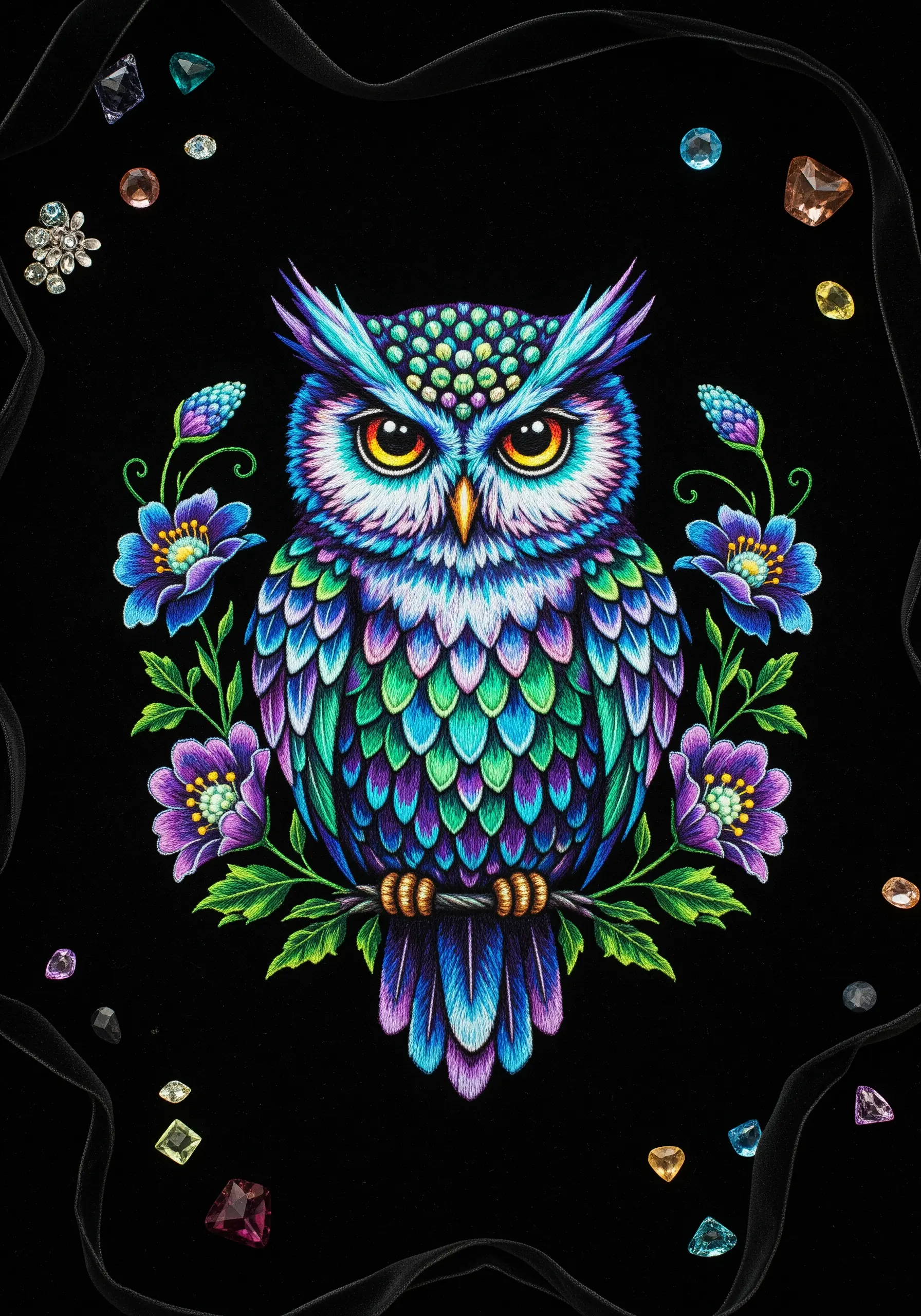 A brightly colored owl with feathers in jewel tones of blue, green, and purple, creating a vibrant look.