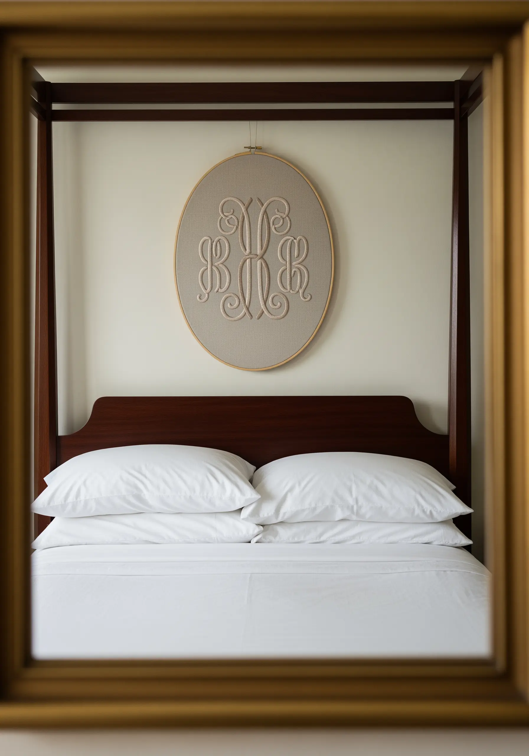 A large oval hoop with a raised, padded satin stitch monogram in a neutral cream color.