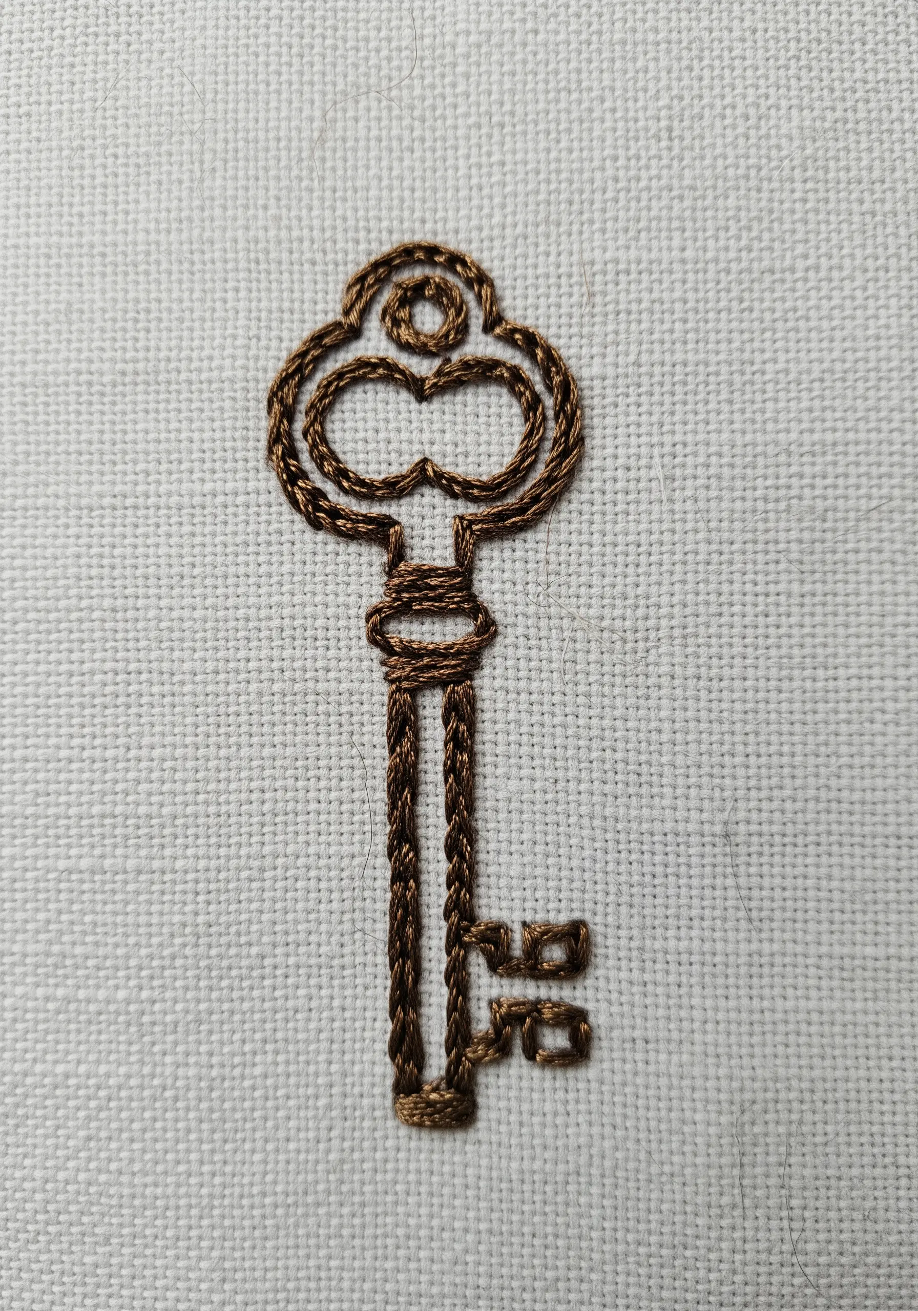 An ornate vintage key embroidered with a shiny, textured brown thread.