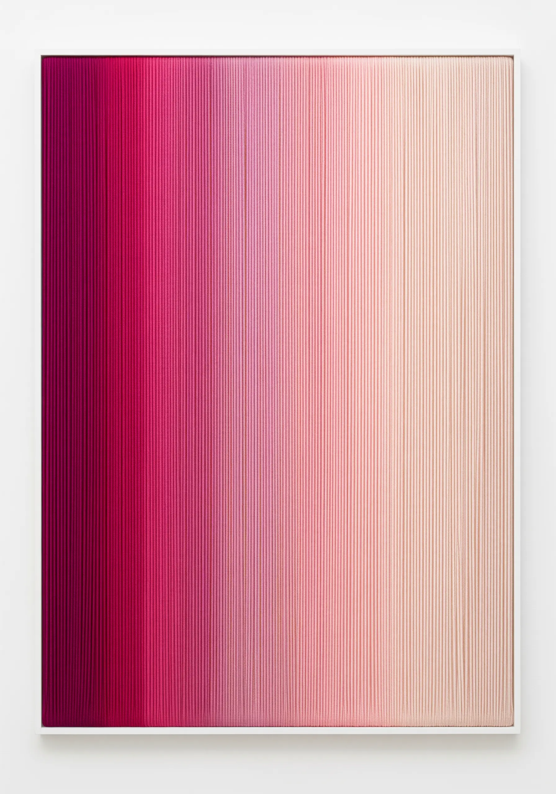 Framed wall art showing a smooth gradient of pink threads stretched vertically.