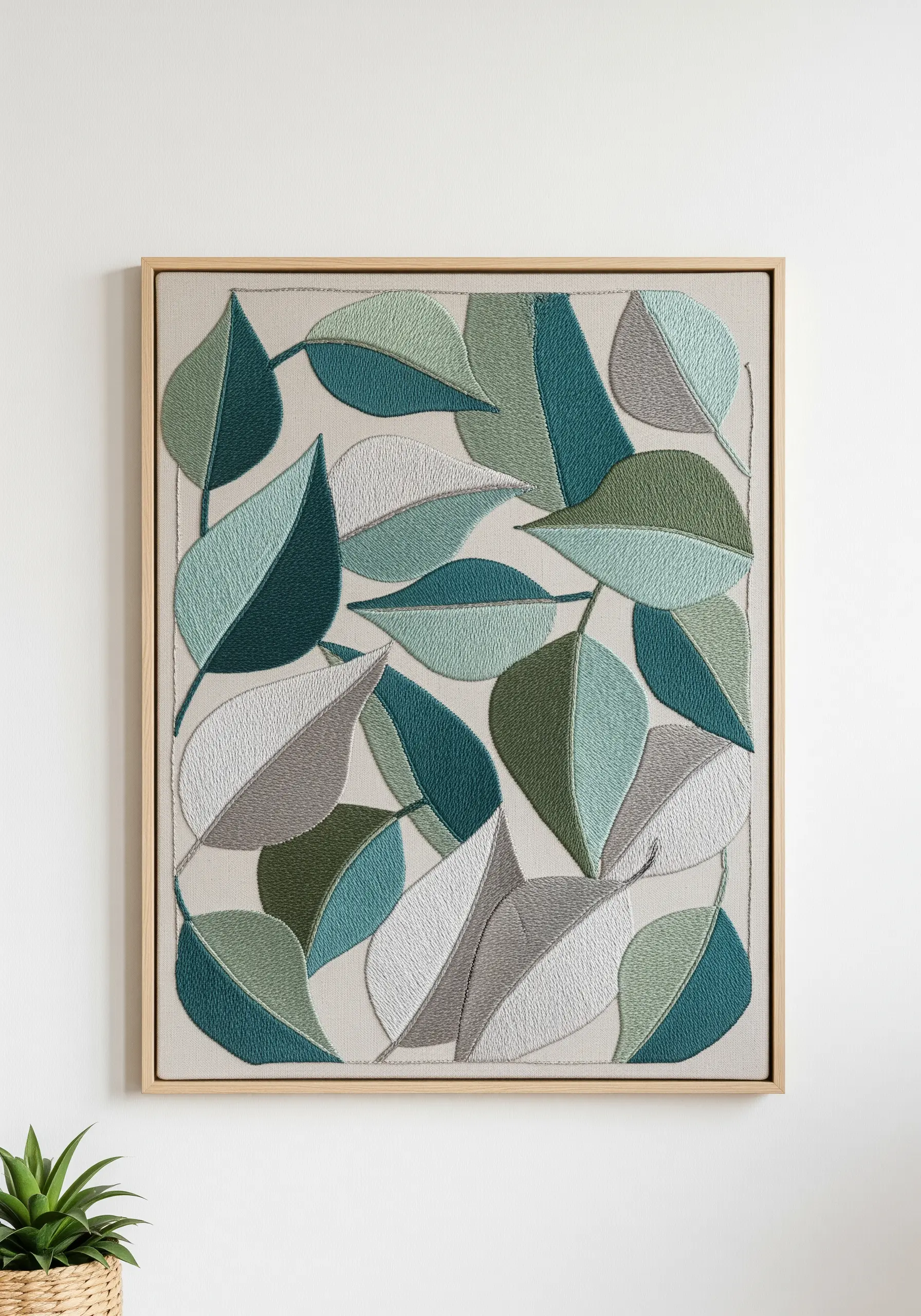 A framed textile art piece with a collage of leaves filled with satin stitches in green and blue tones.