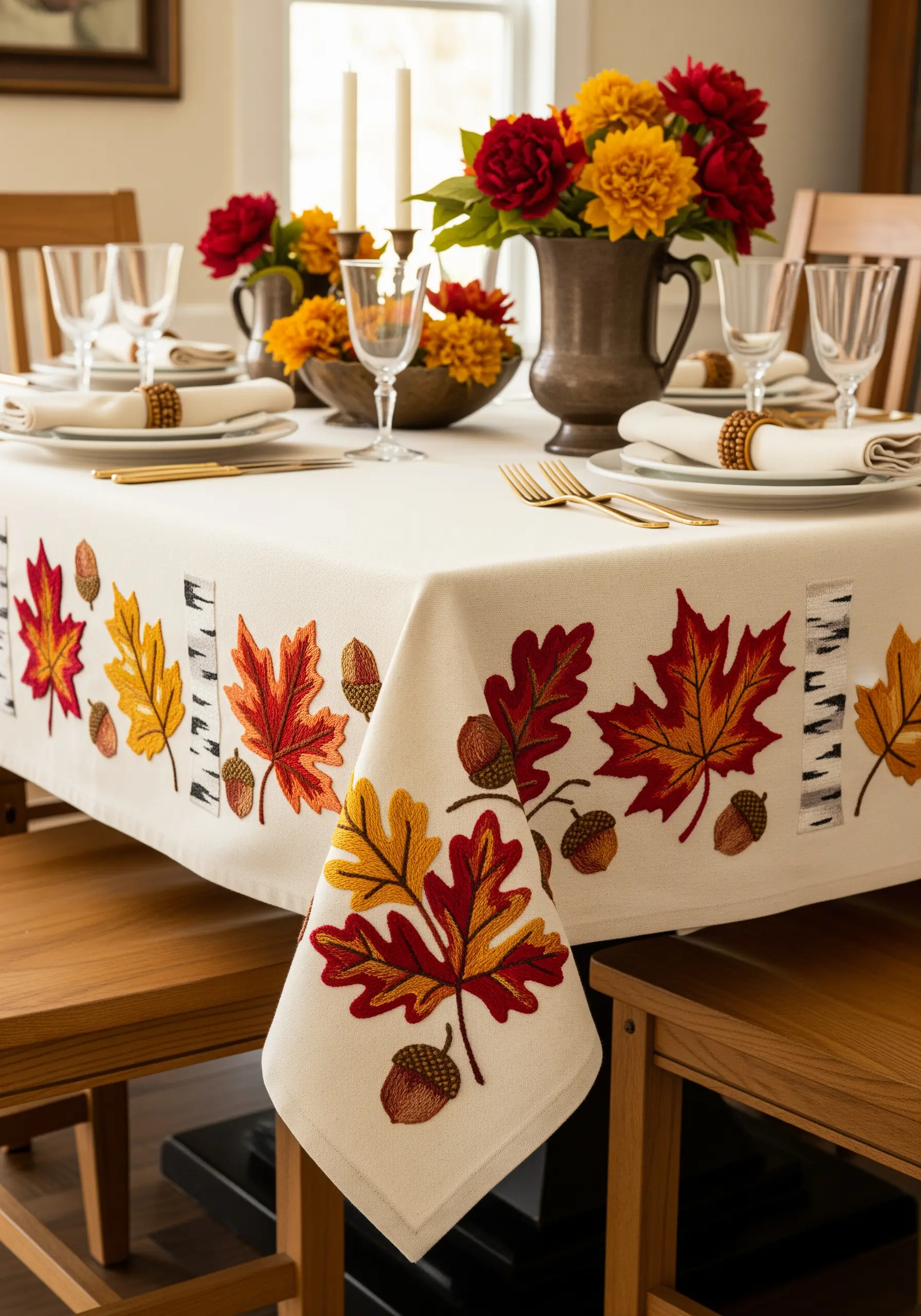 An autumn-themed tablecloth with embroidered maple leaves, acorns, and birch bark details.