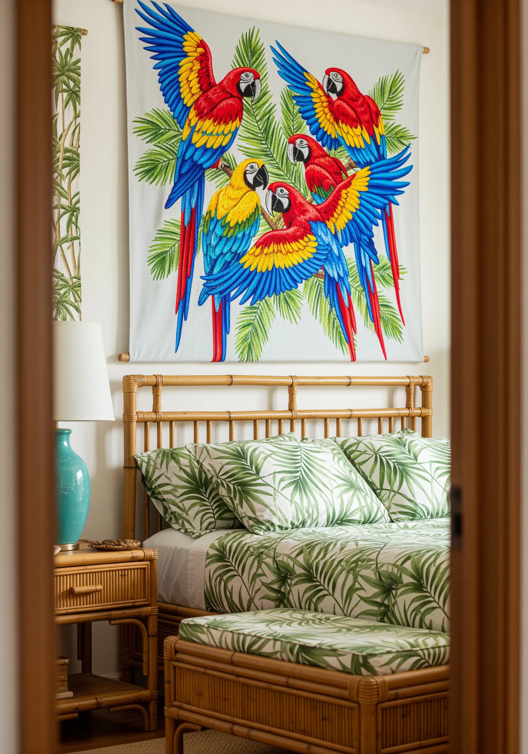 A large, vibrant embroidered tapestry of several colorful macaw parrots.