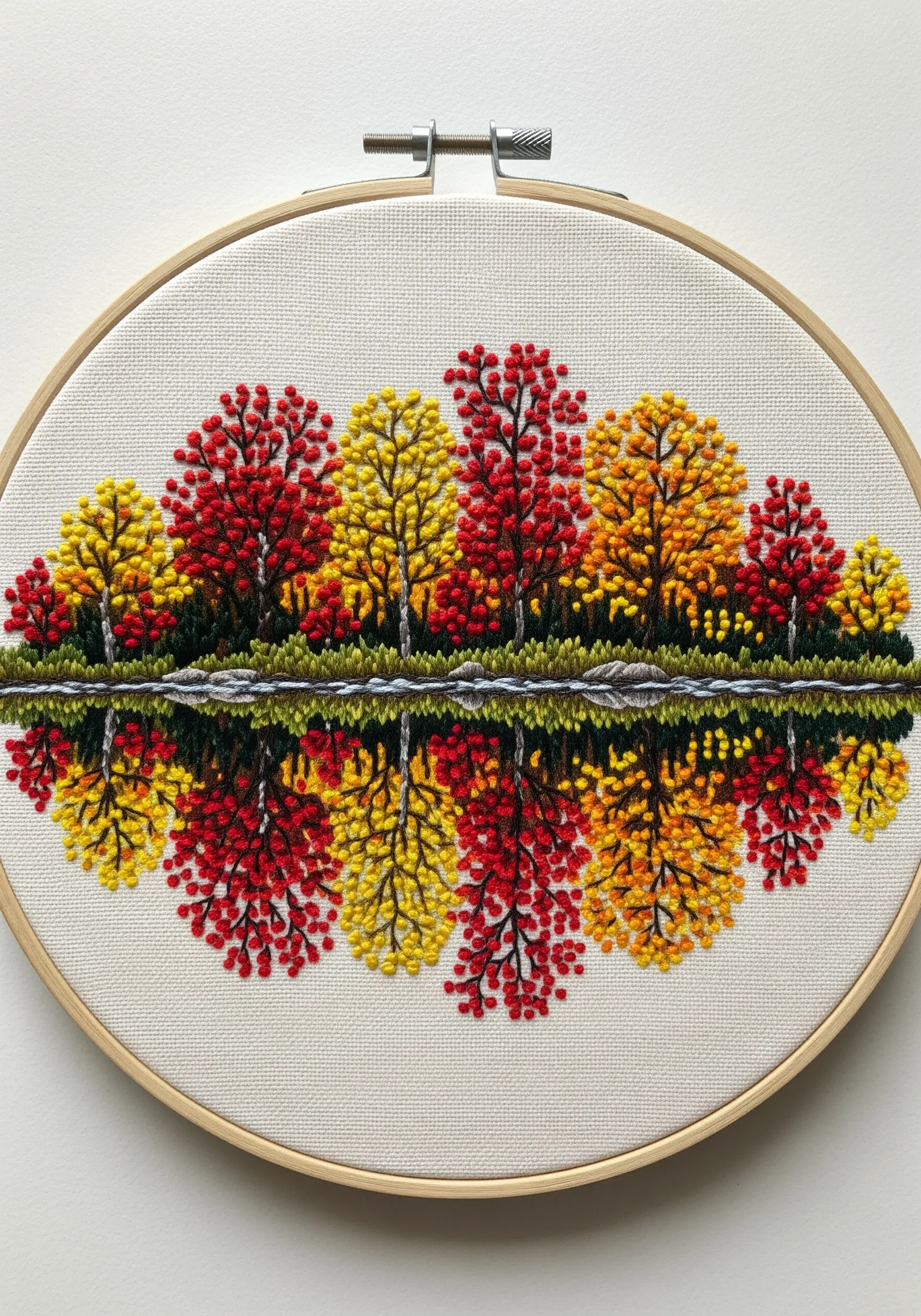 Symmetrical embroidery of autumn trees perfectly reflected in water.
