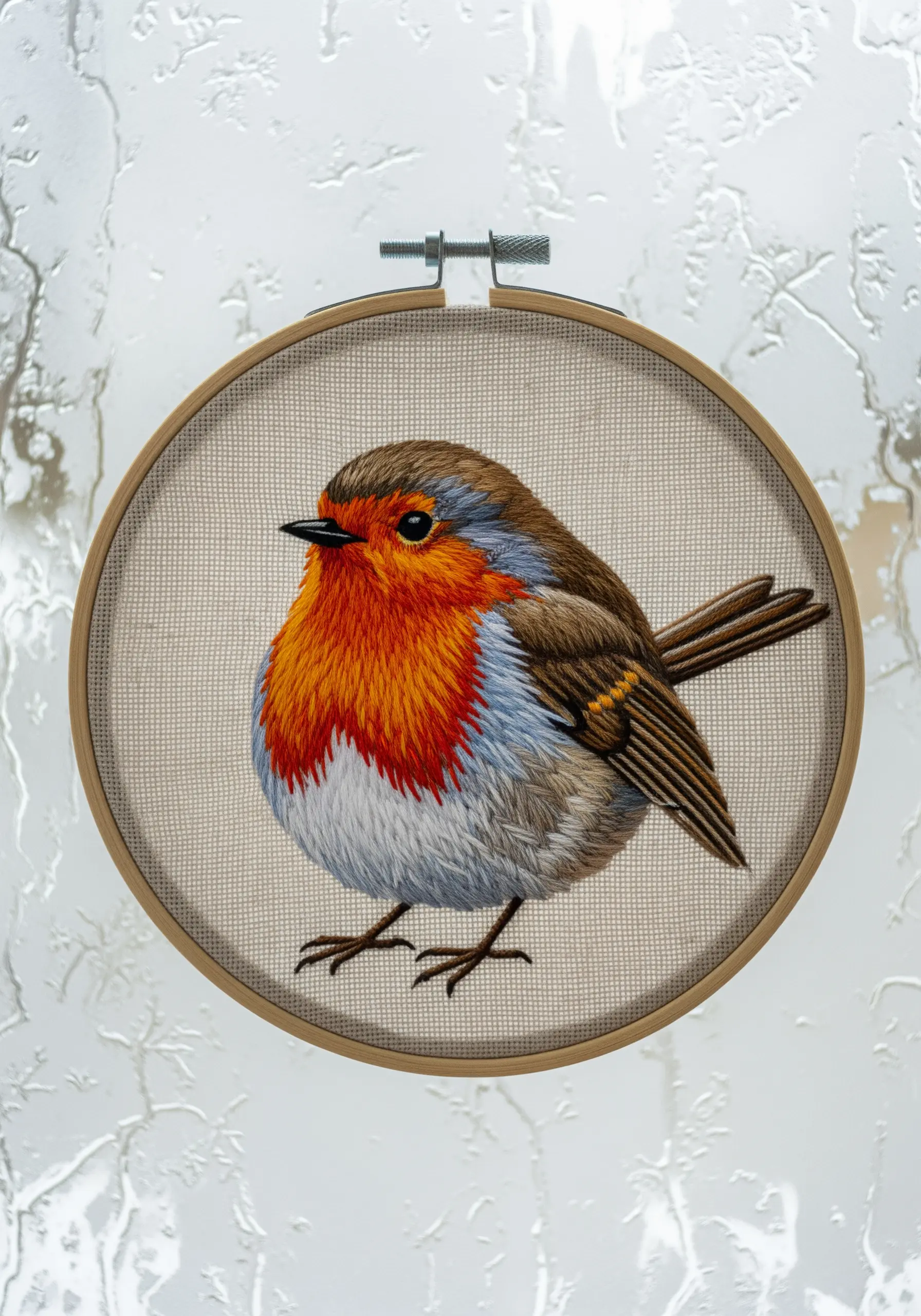 A plump embroidered robin with curved stitches that follow its rounded form.