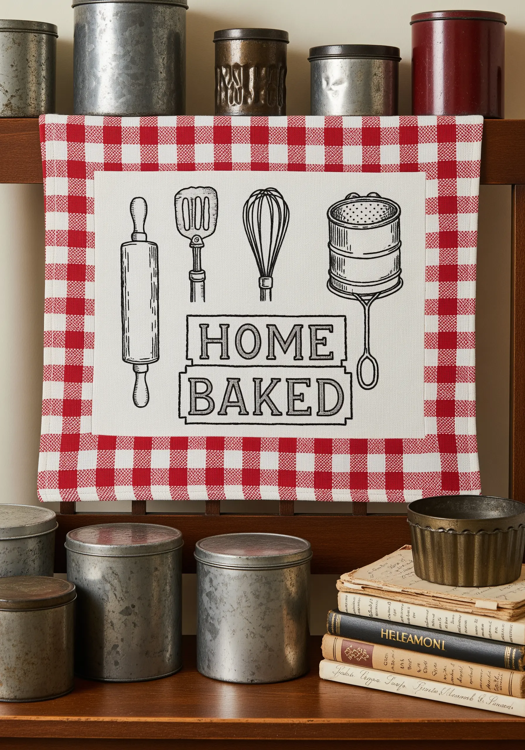 A kitchen sign with 'Home Baked' and utensils embroidered in a bold black outline