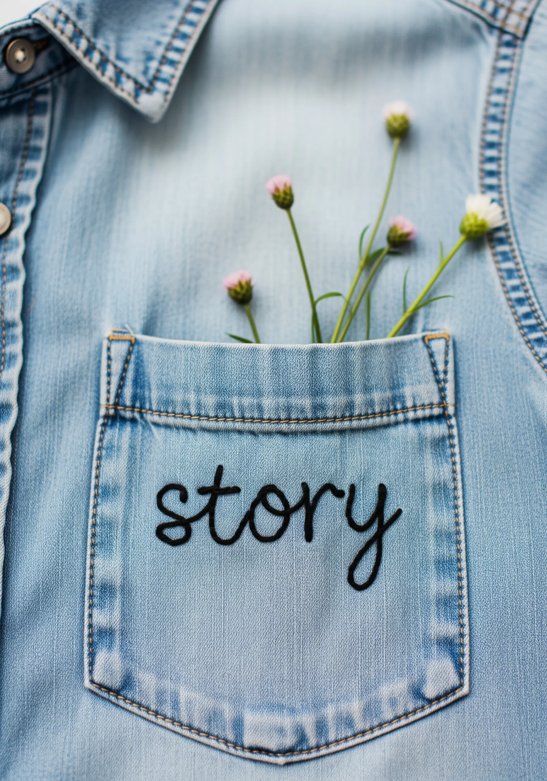 Clean black script embroidery of the word 'story' on a denim pocket