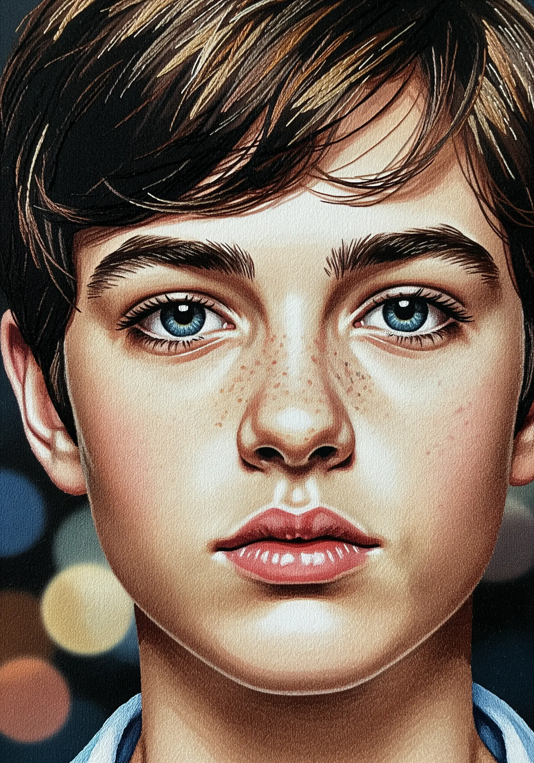 Hyper-realistic embroidered portrait of a young boy with soft skin and clear blue eyes.