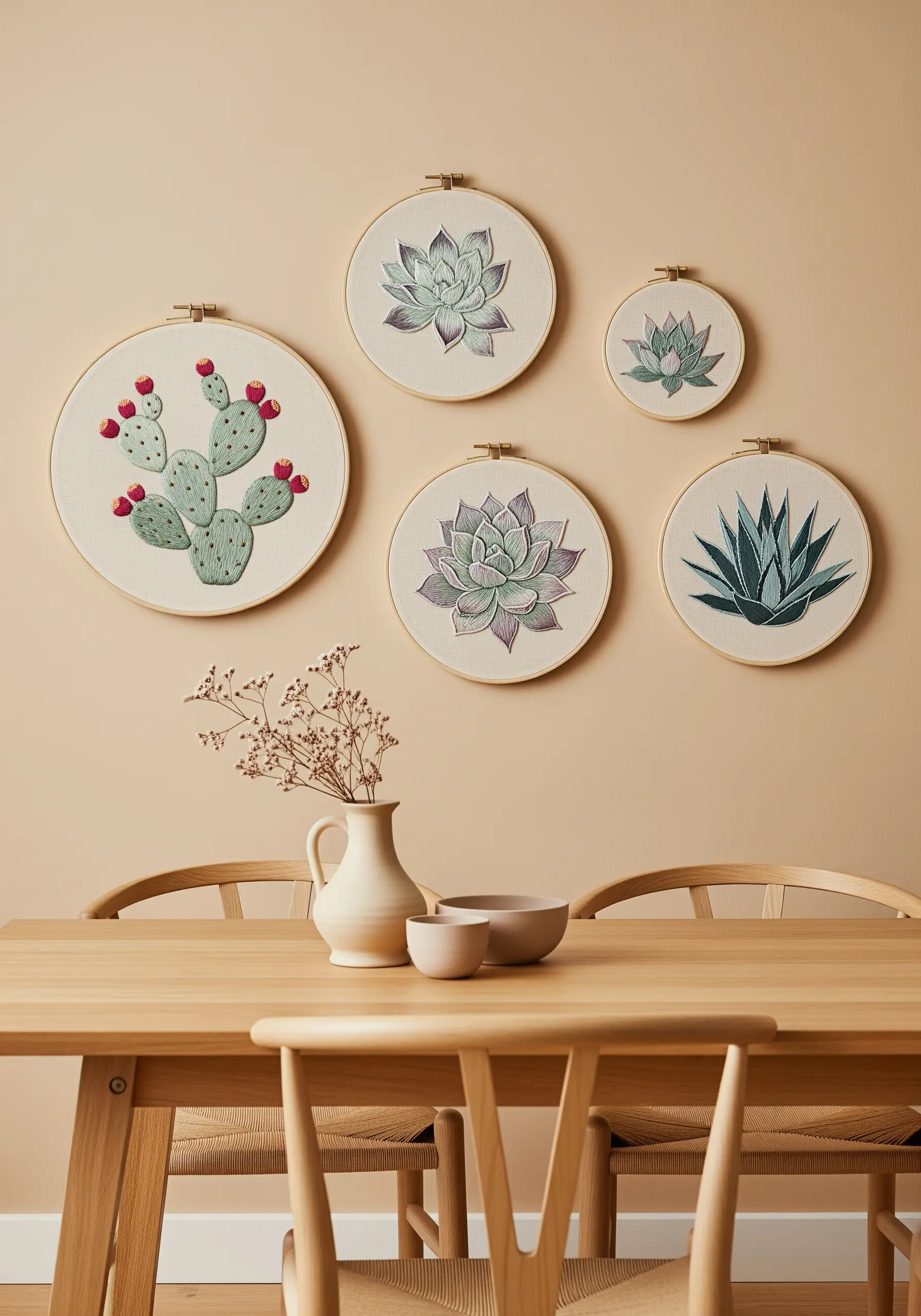 A gallery wall of five embroidery hoops featuring different succulents with soft color blending.