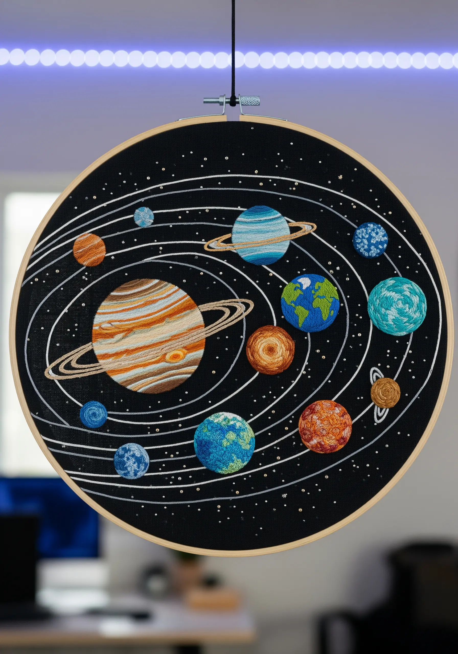 An embroidery of the solar system on black fabric, with detailed, thread-painted planets.