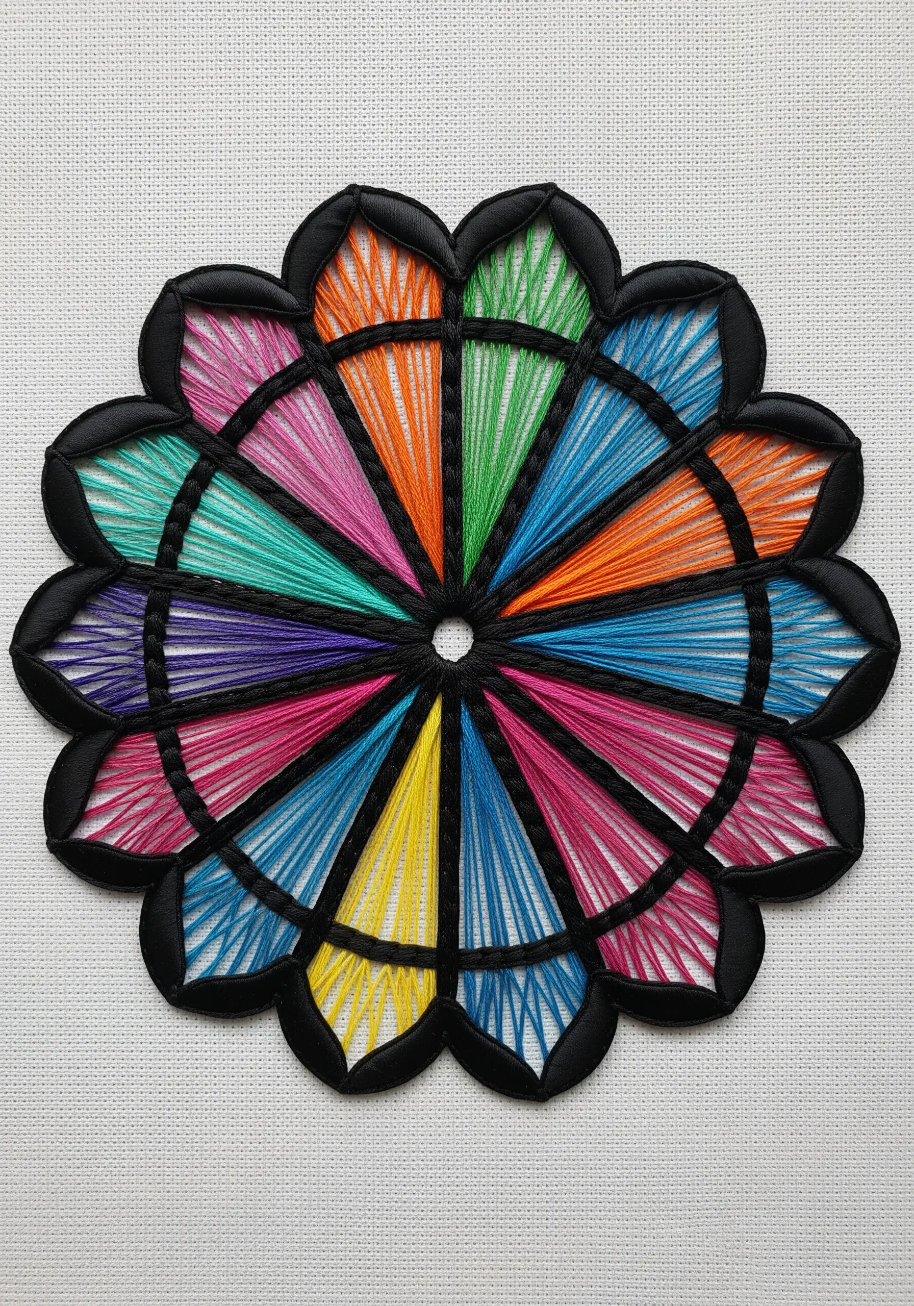 A colorful string art flower with bold black satin stitch outlines, resembling stained glass.