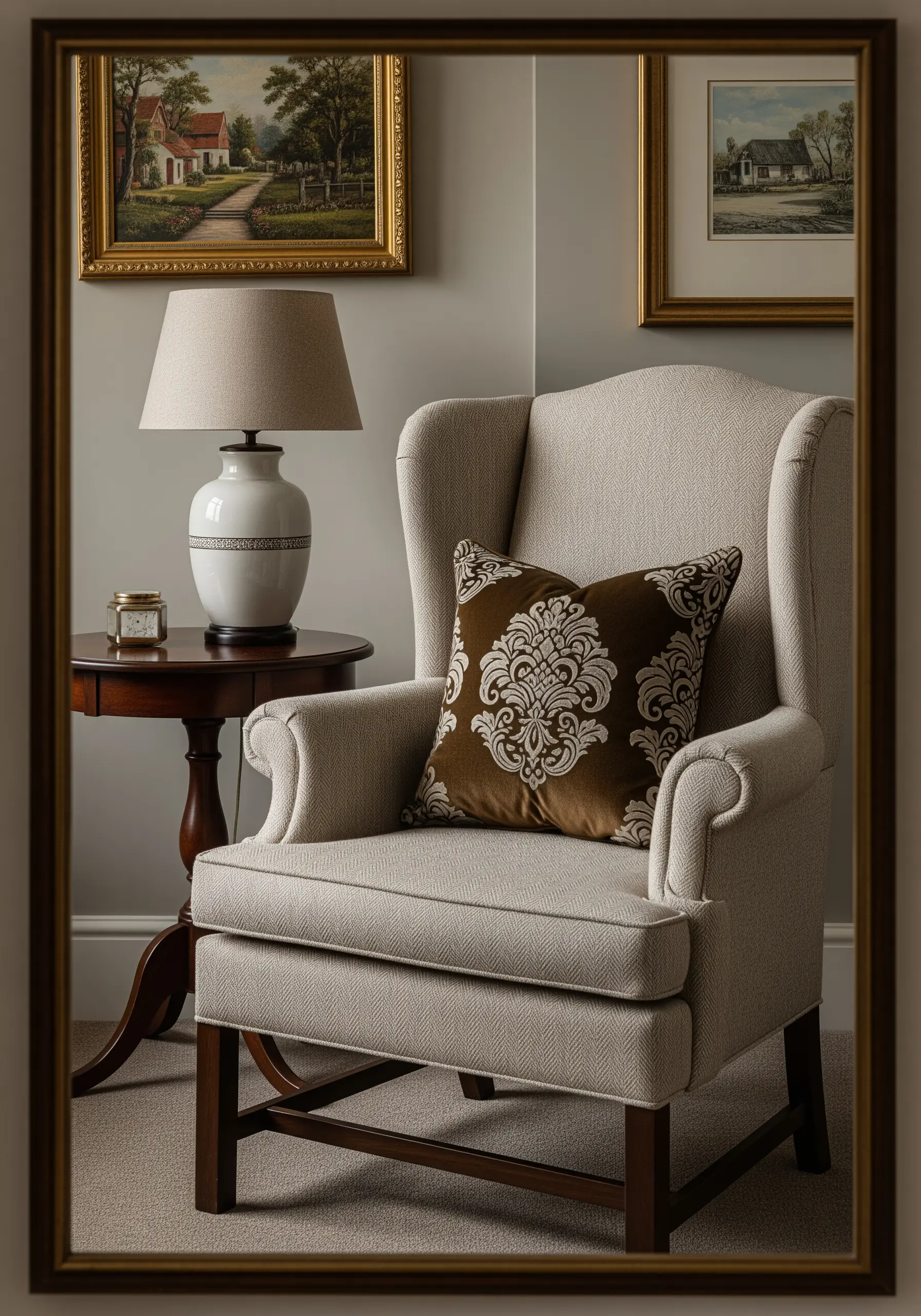 A high-contrast brown damask pattern embroidered on a light-colored pillow.