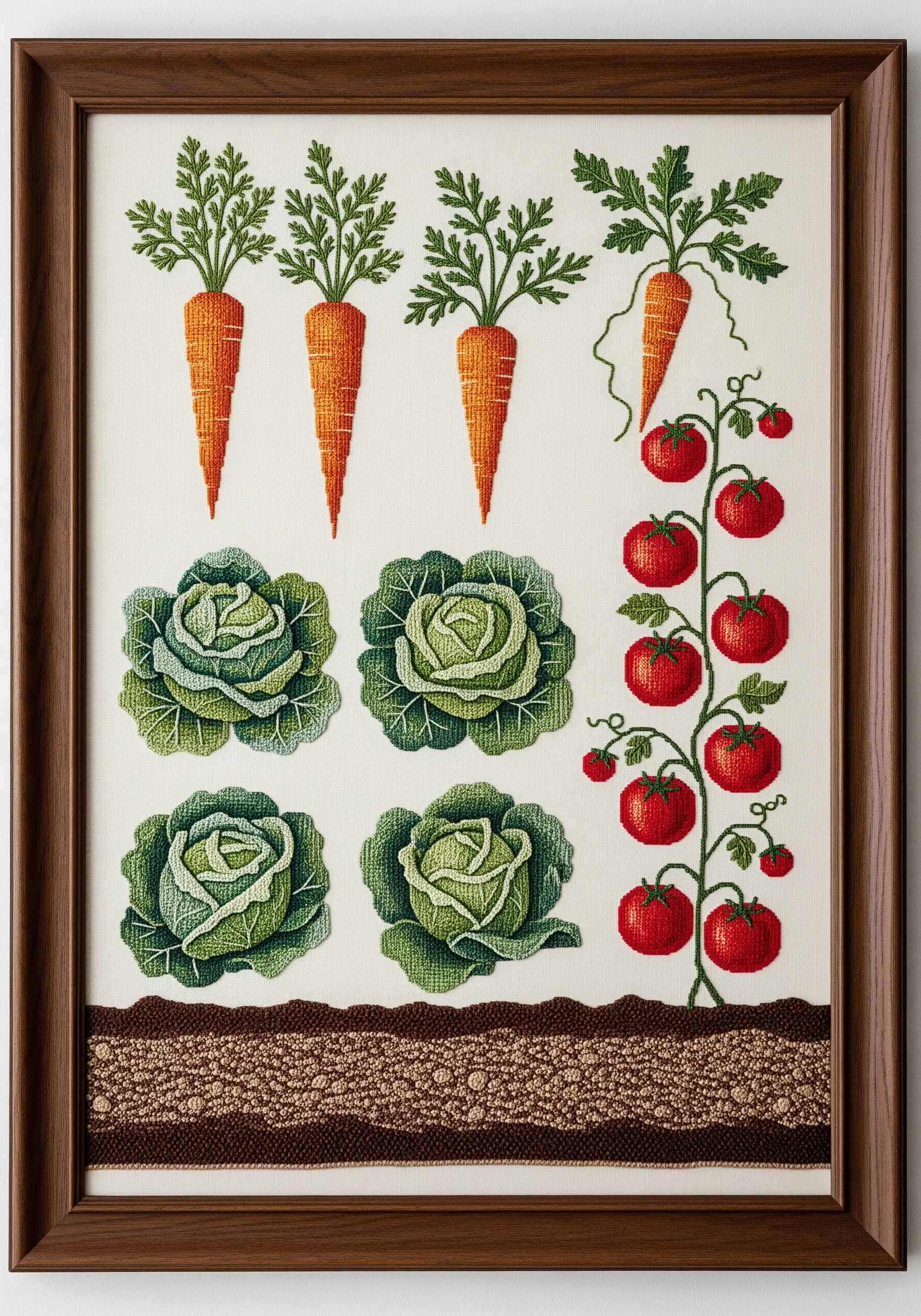 Framed cross-stitch sampler featuring carrots, cabbages, and tomatoes in neat rows.