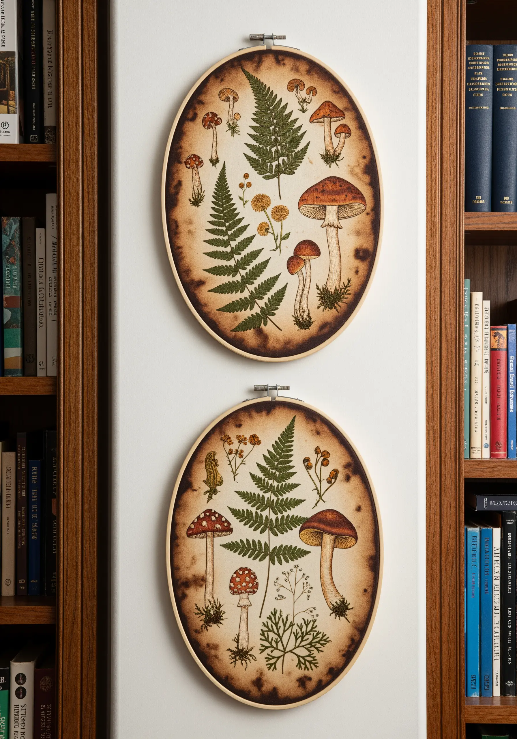 Two oval embroidery hoops with vintage-style illustrations of ferns and mushrooms.
