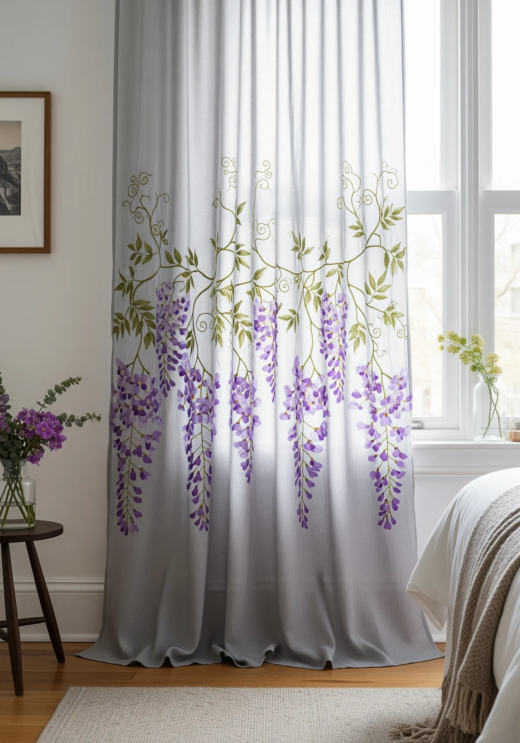 Sheer grey curtains with embroidered wisteria flowers cascading down from the top.