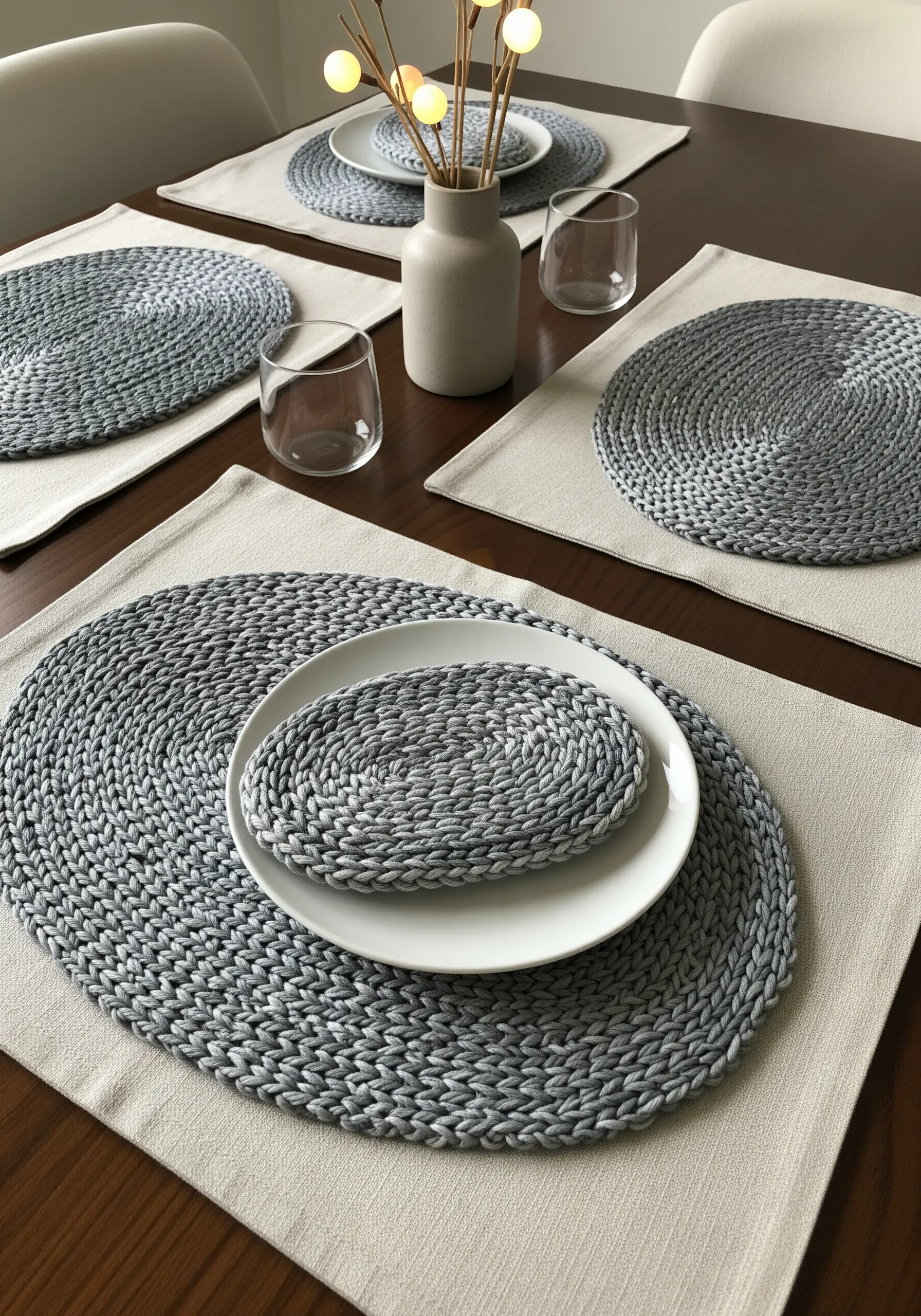 A modern dining table setting with placemats and coasters made from a two-tone grey braided cord.