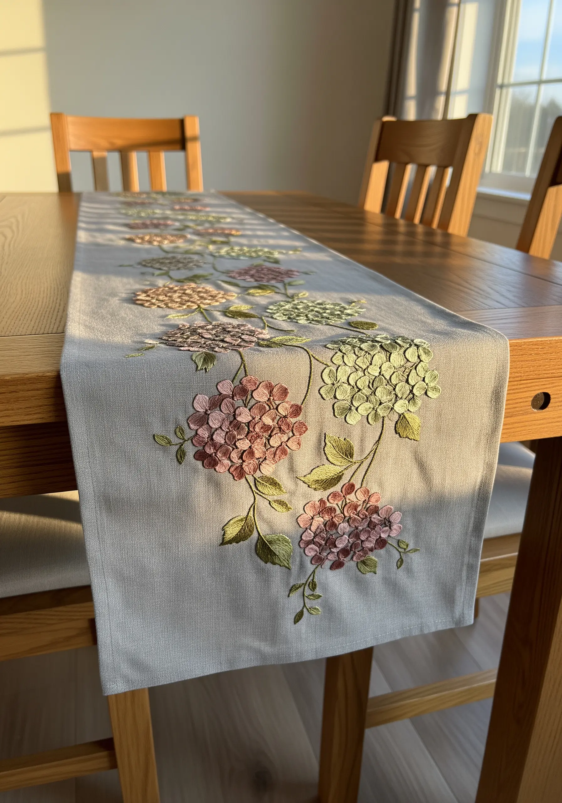 Embroidered table runner with muted pink and green hydrangeas on natural linen fabric.