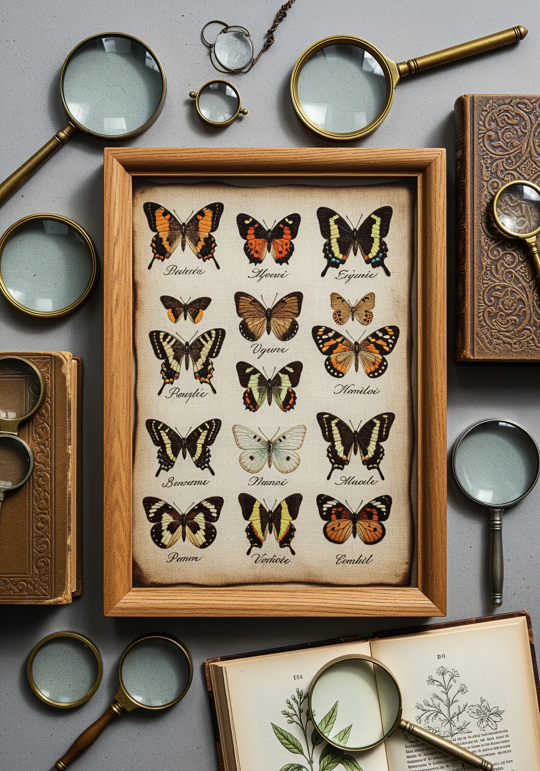 A framed embroidery of a butterfly specimen chart with vintage-style text.