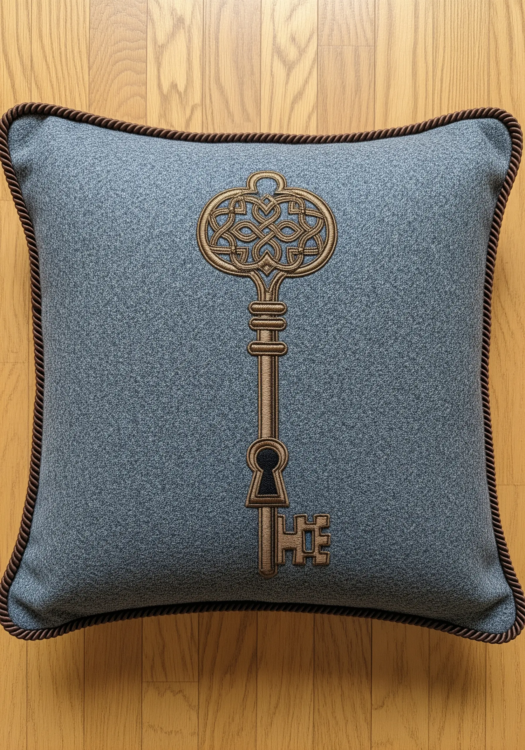 A large, ornate antique-style key embroidered in bronze and brown on a grey cushion.