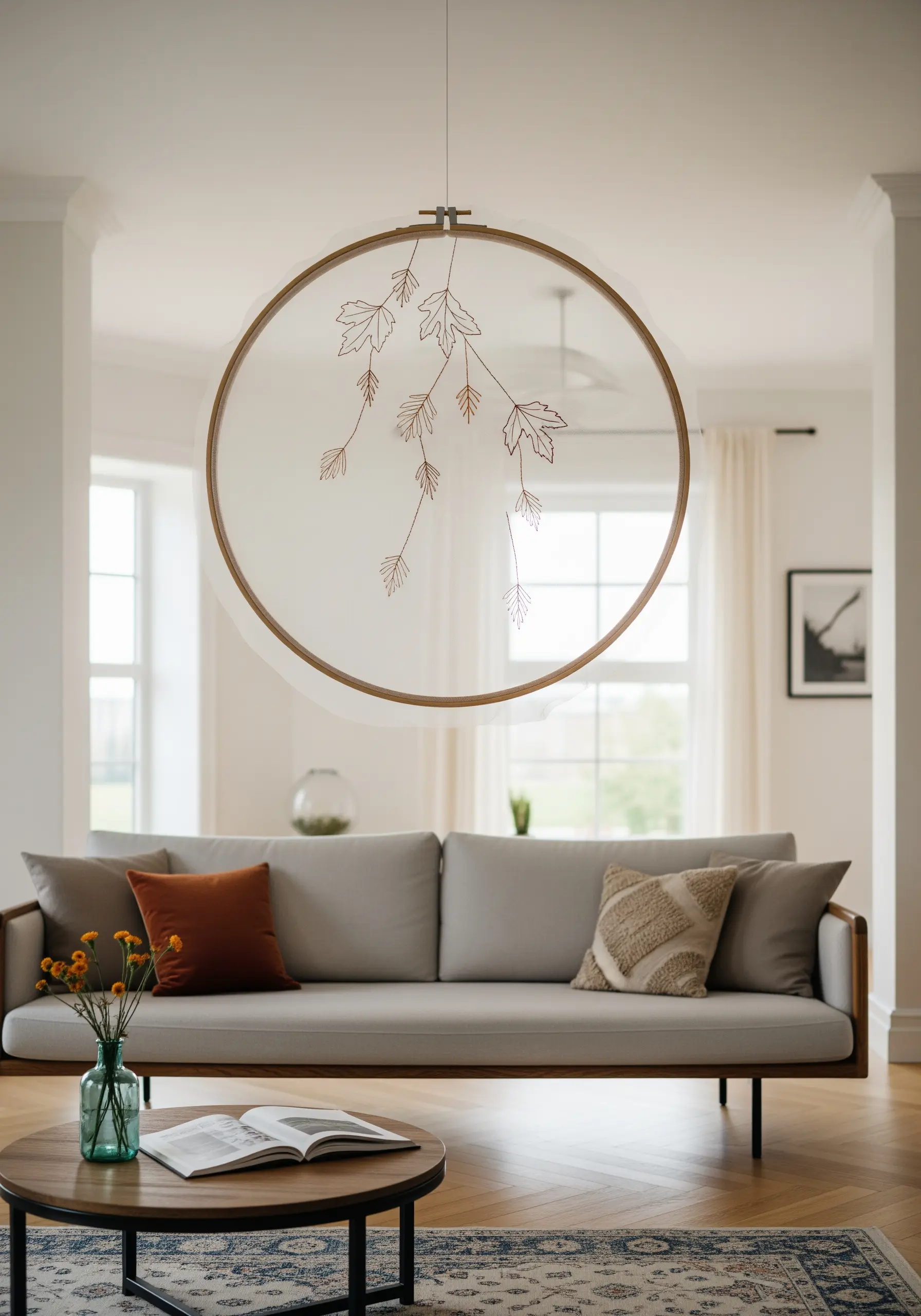 Delicate leaf outlines embroidered on sheer fabric in a large hoop, creating a floating effect