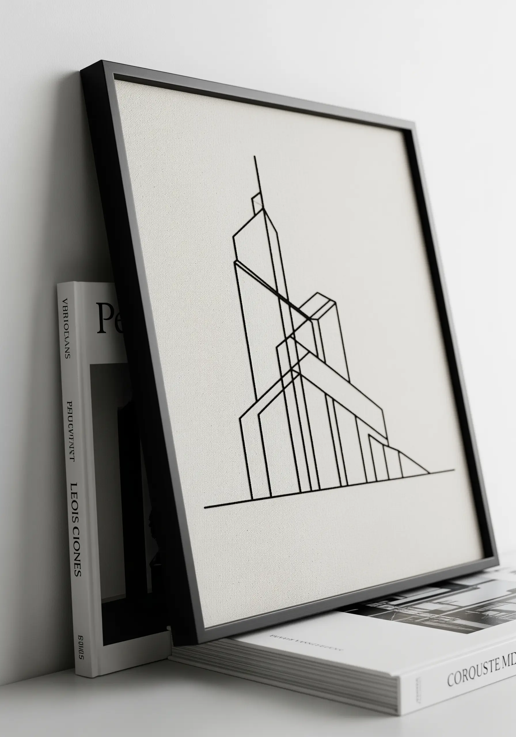 Minimalist architectural line art embroidered in black thread and framed.