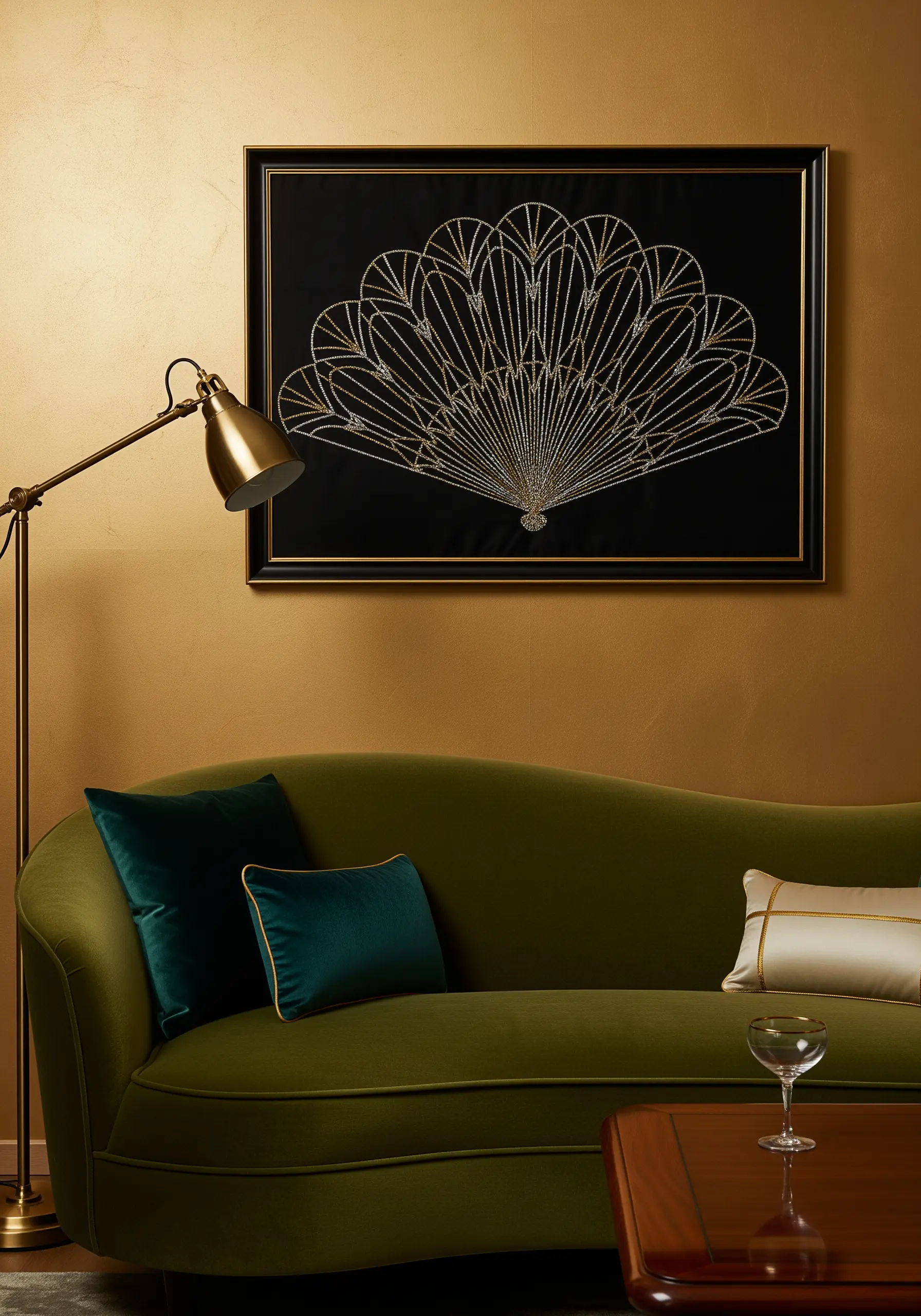 A framed Art Deco fan design embroidered with gold and silver metallic thread on black fabric.