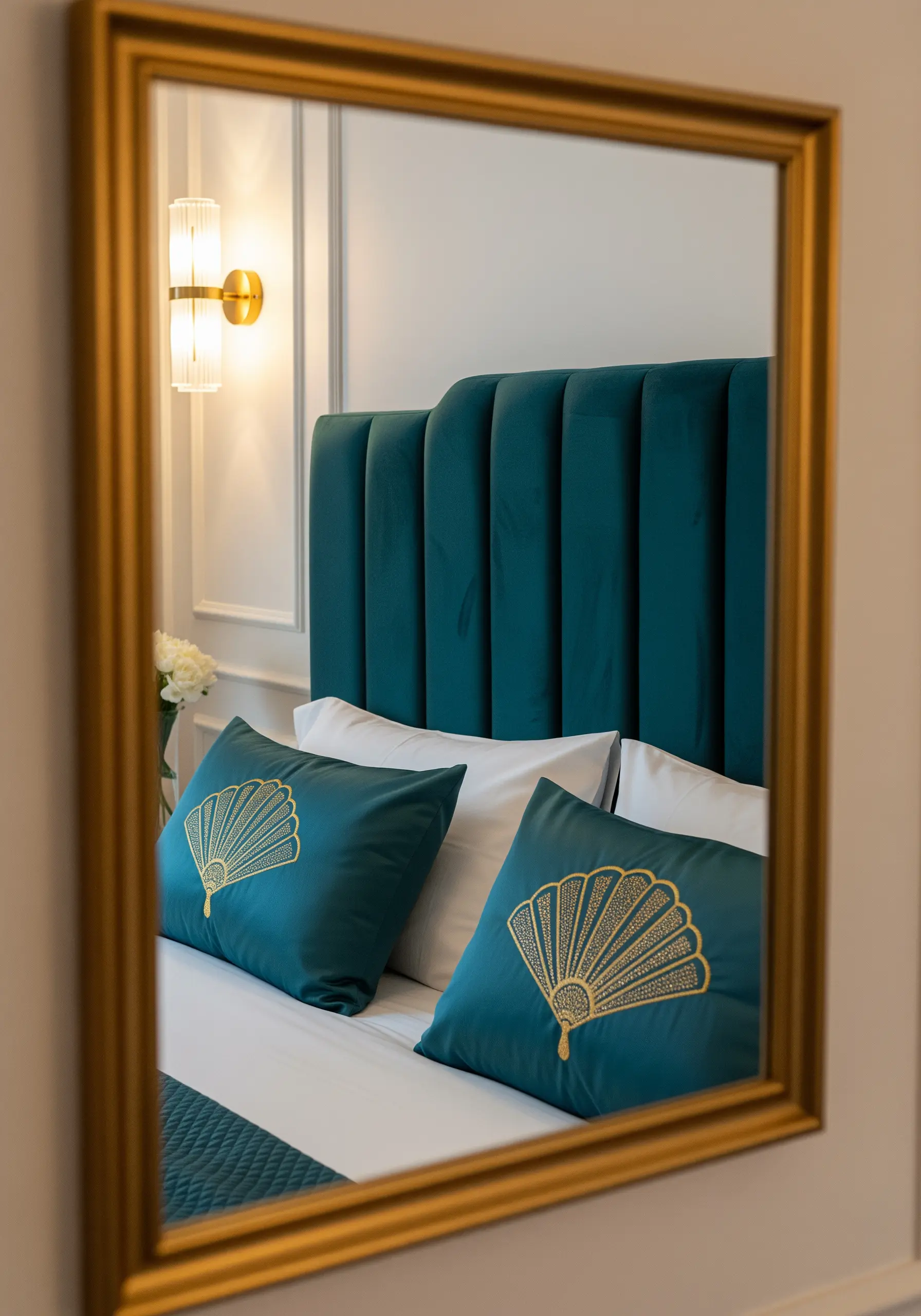 A gold metallic thread Art Deco fan motif embroidered on a dark teal pillow.