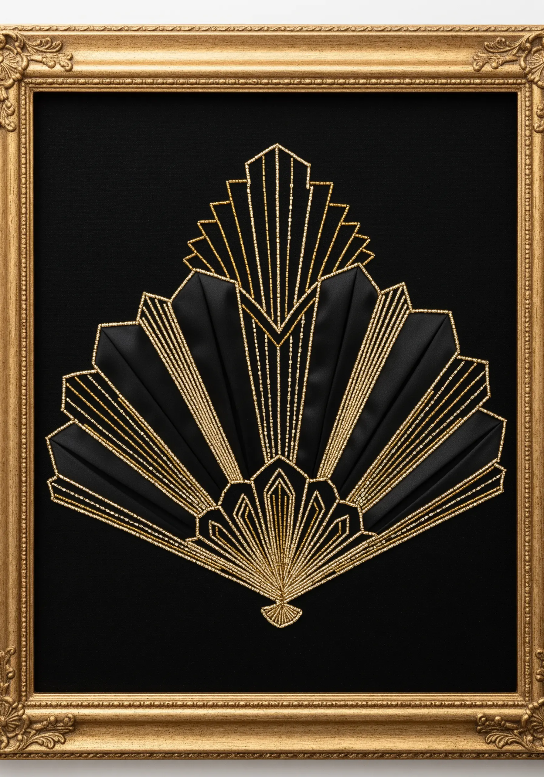 An Art Deco fan design in a gold frame, made with black folded ribbon and gold metallic thread.
