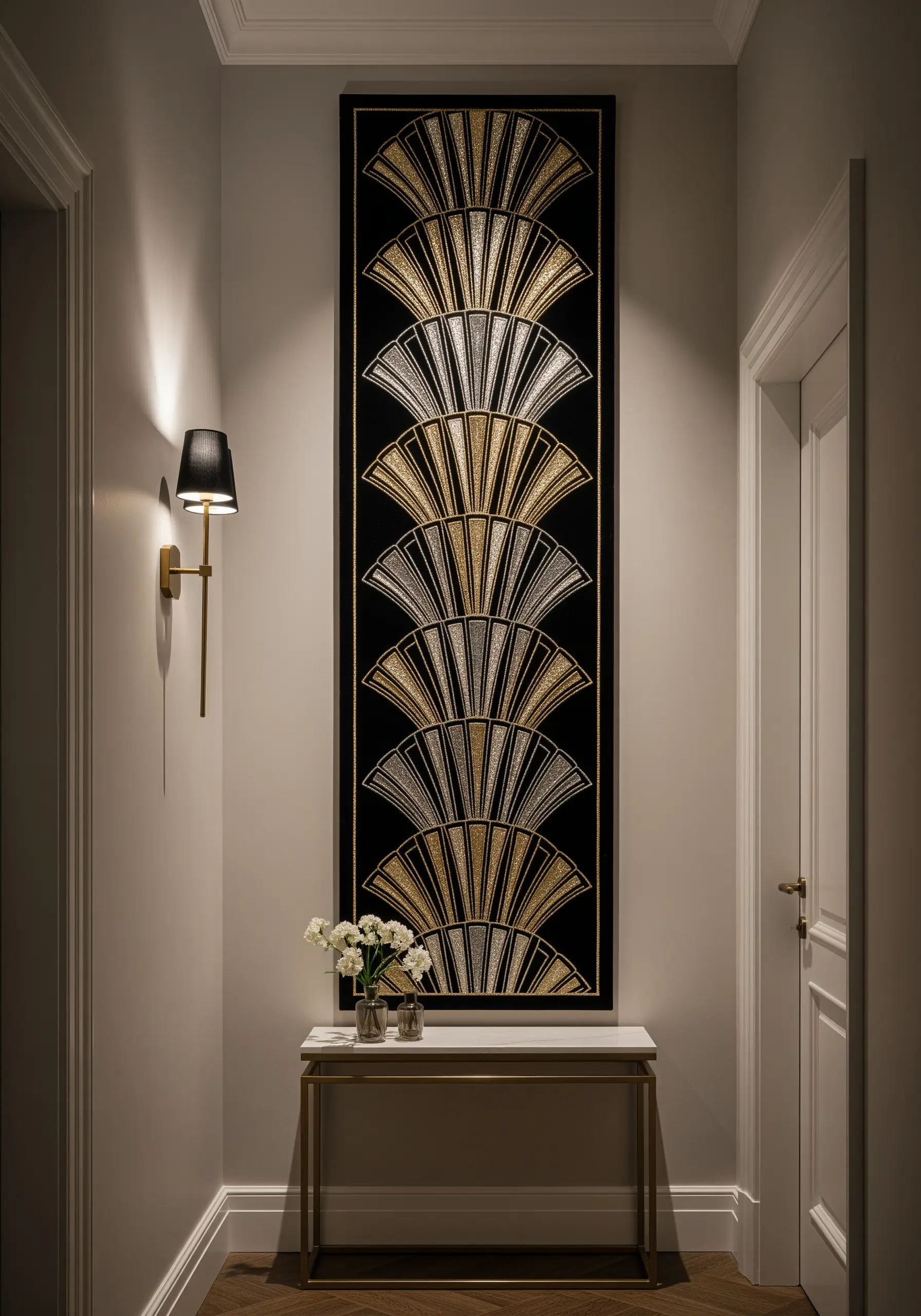 Tall Art Deco embroidery with gold and silver metallic fan shapes on a black background.