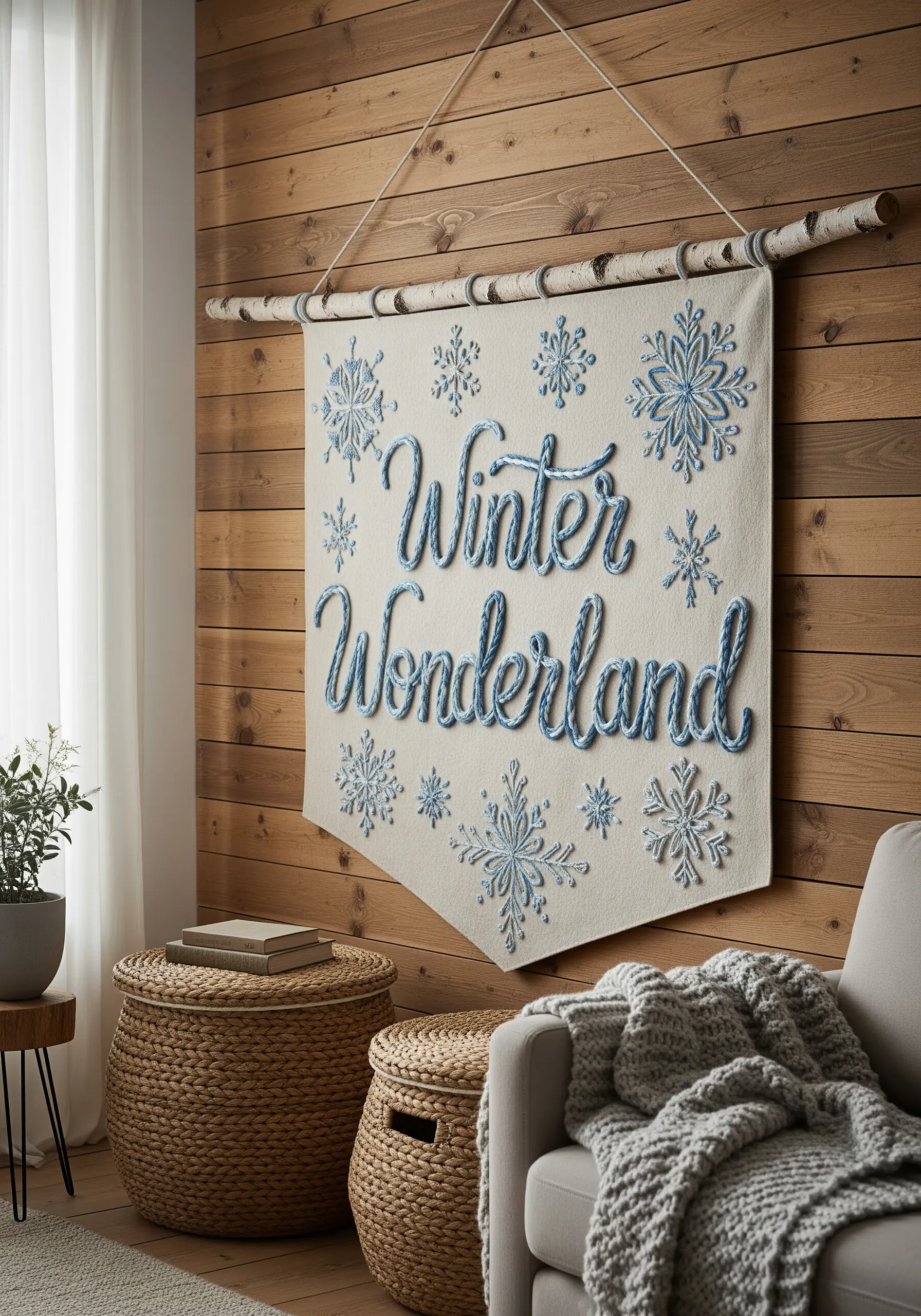 A large winter-themed wall banner with raised 'Winter Wonderland' text made from thick blue yarn.