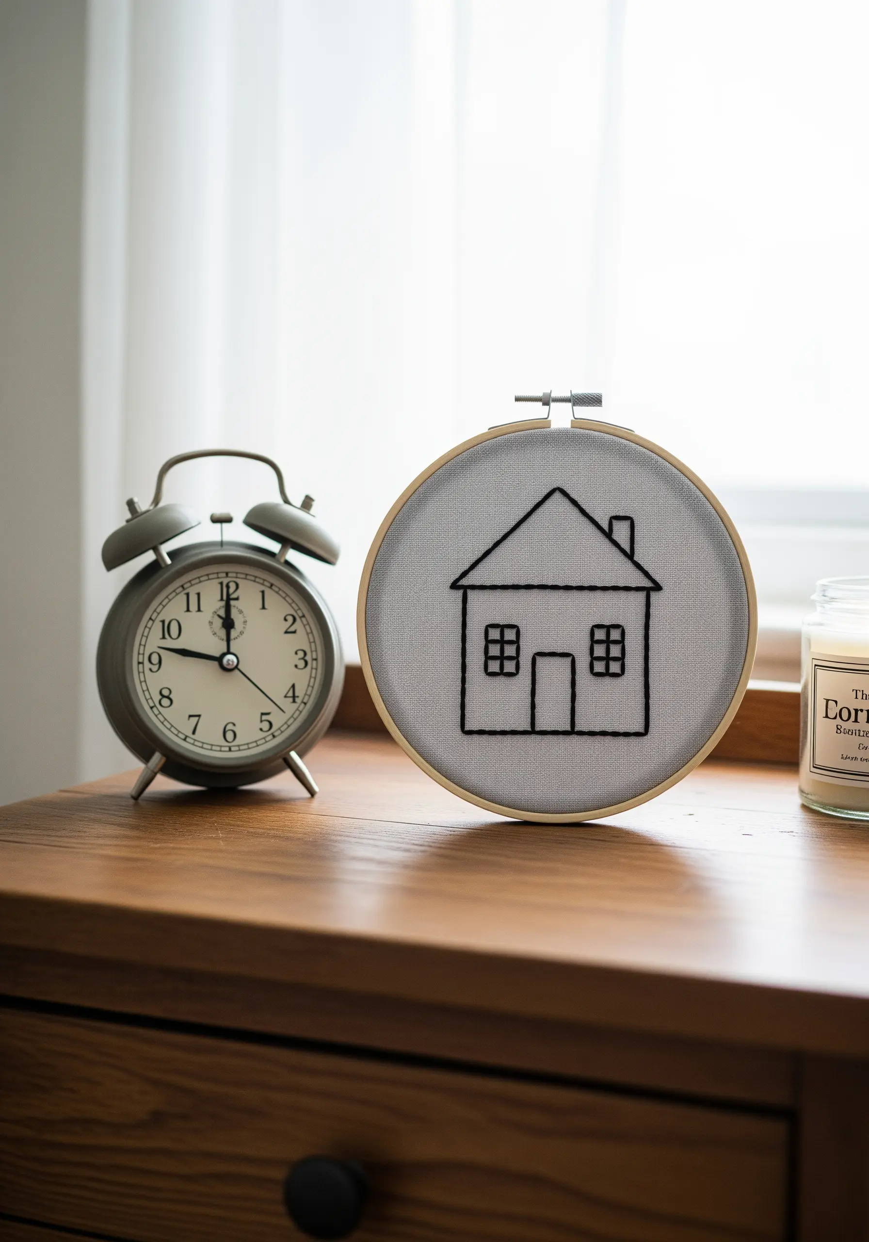 A simple house shape outlined in thick black thread on light gray fabric.